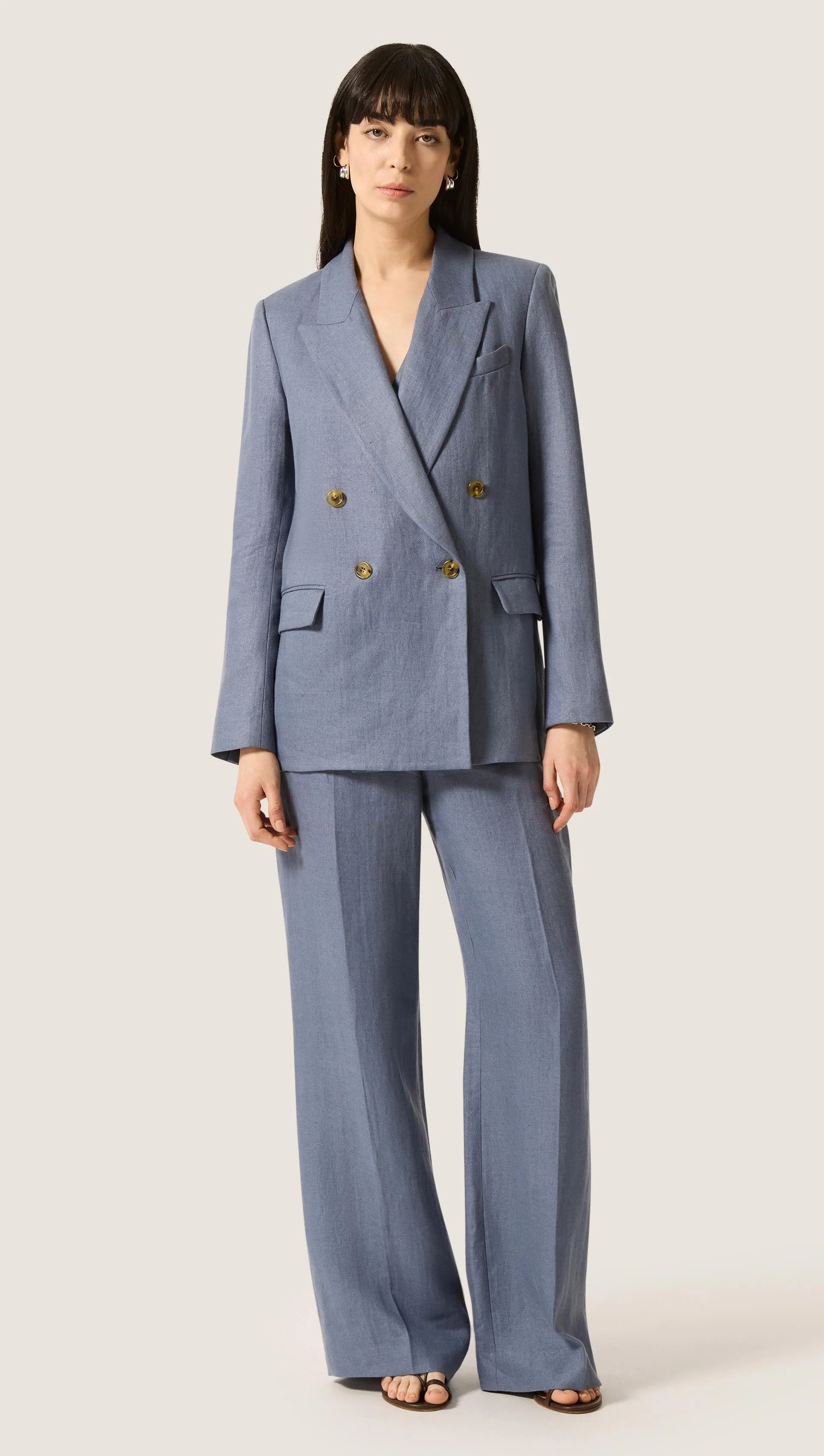 Peak Lapel Blazer in Basket Weave Linen | Blue Grey - Image 3