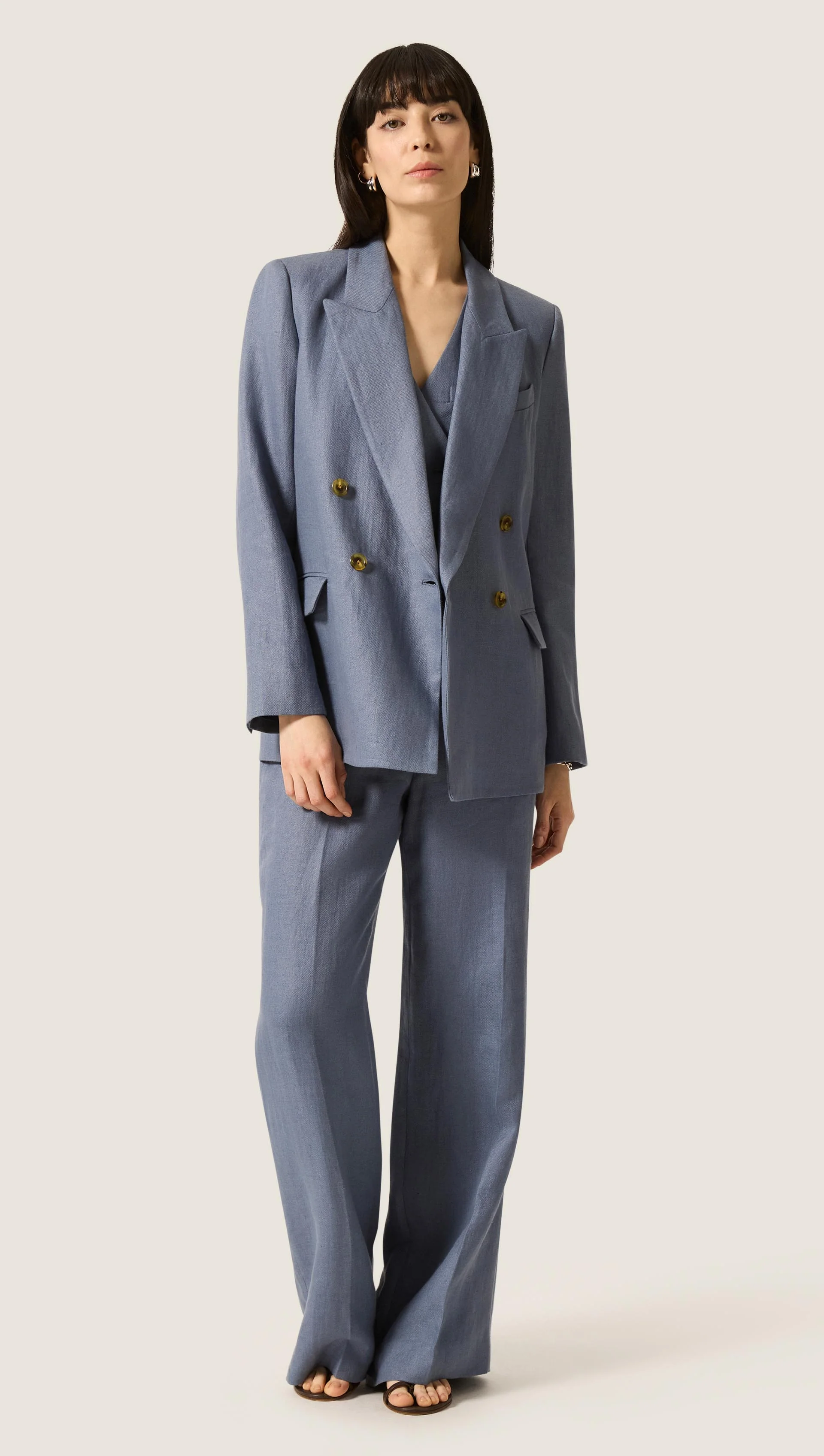 Peak Lapel Blazer in Basket Weave Linen | Blue Grey - Image 4