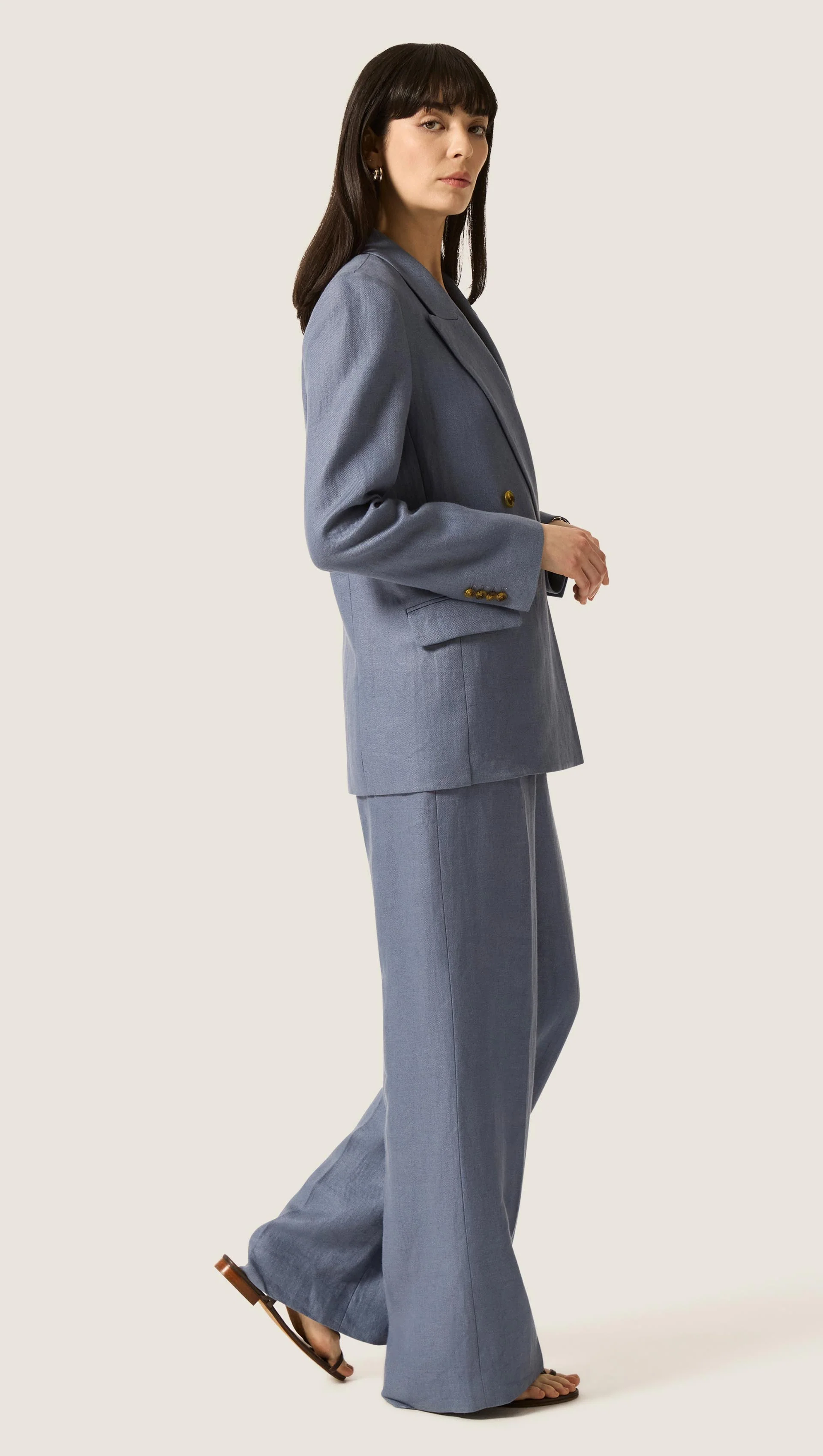 Peak Lapel Blazer in Basket Weave Linen | Blue Grey - Image 5