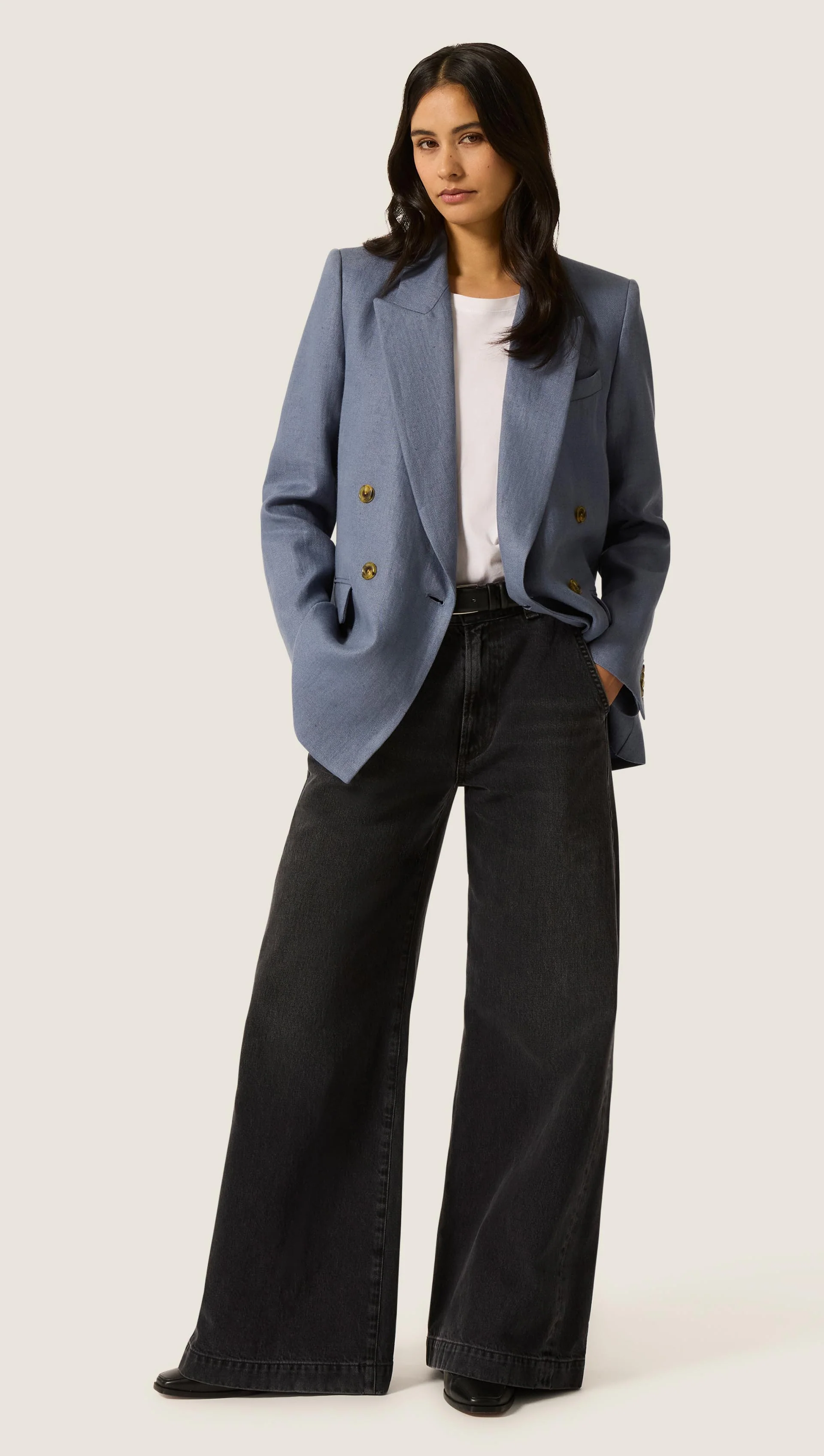 Peak Lapel Blazer in Basket Weave Linen | Blue Grey - Image 7