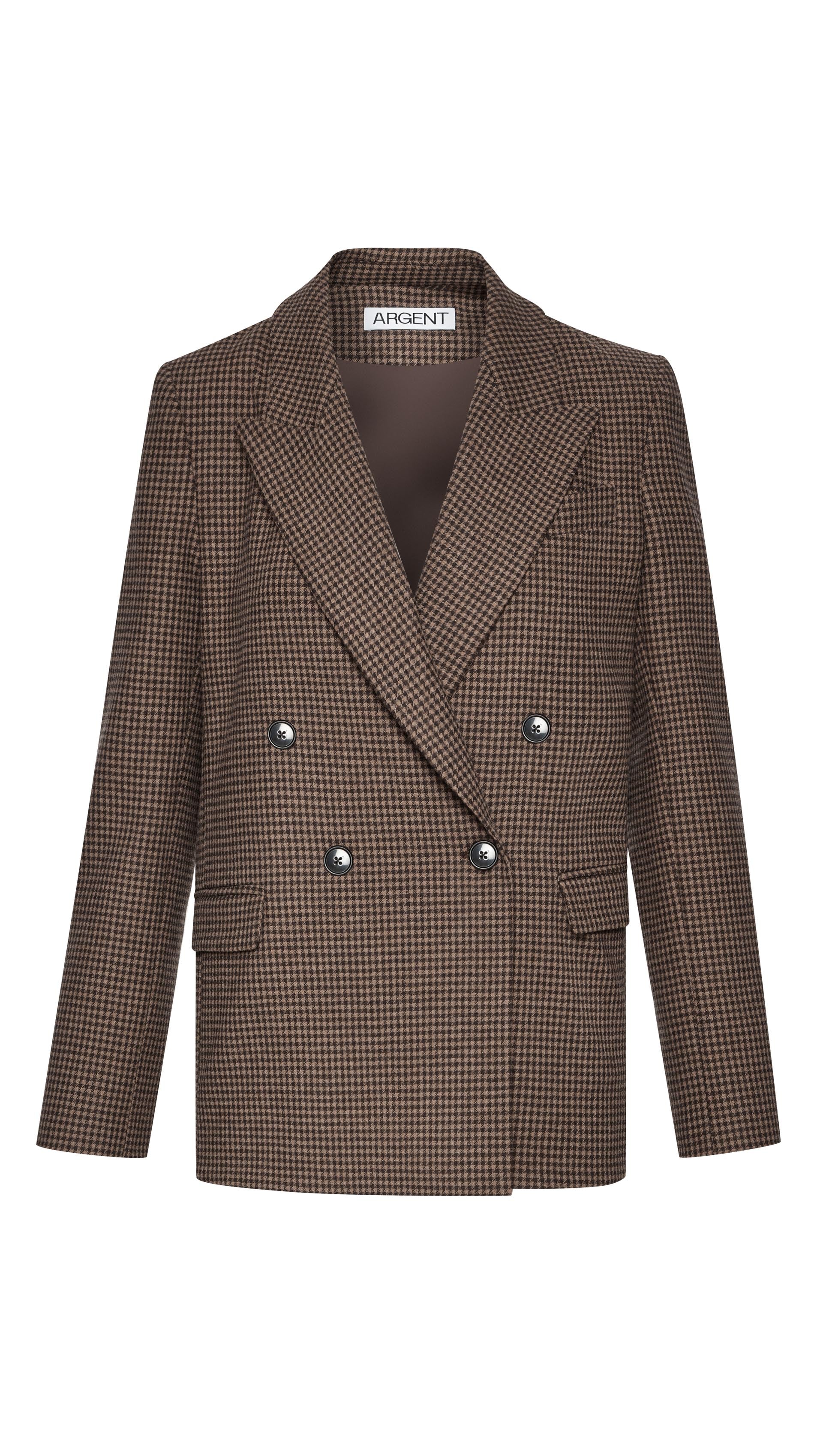 Peak Lapel Blazer in Viscose Blend | Brown/Camel Houndstooth - Image 12