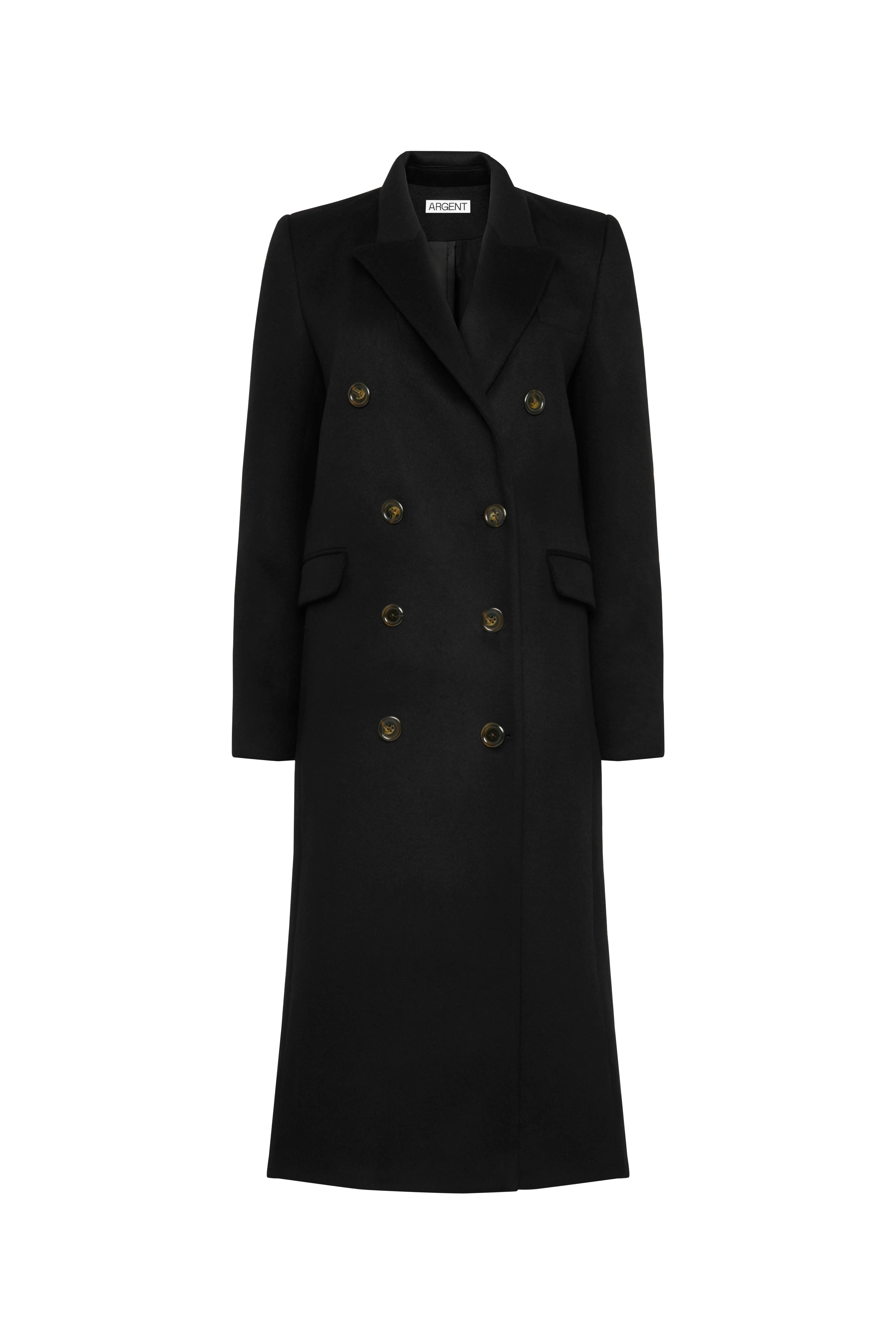 Peak Lapel Coat in Shiny Wool | Black - Image 11