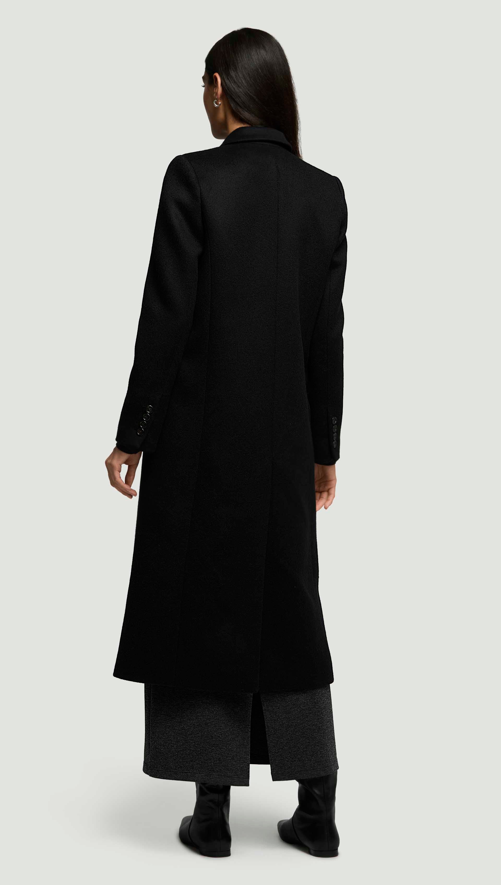 Peak Lapel Coat in Shiny Wool | Black - Image 7