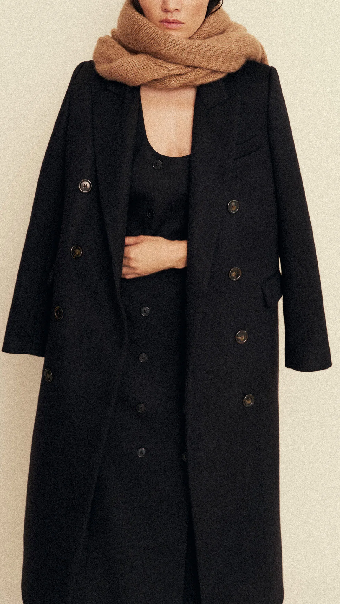 Peak Lapel Coat in Shiny Wool | Black - Image 8