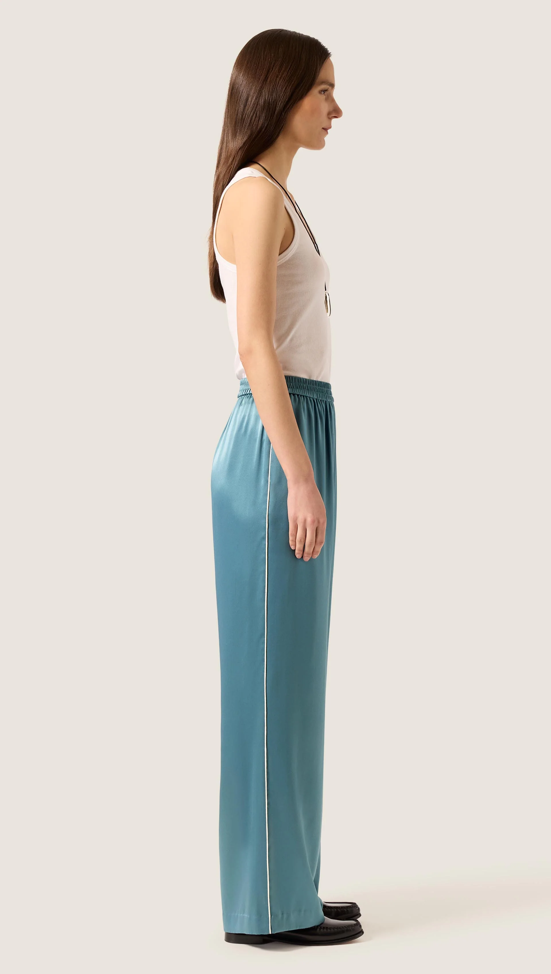 Pull-Up Pant in Silk Charmeuse w/Piping Detail | Steel Blue - Image 3