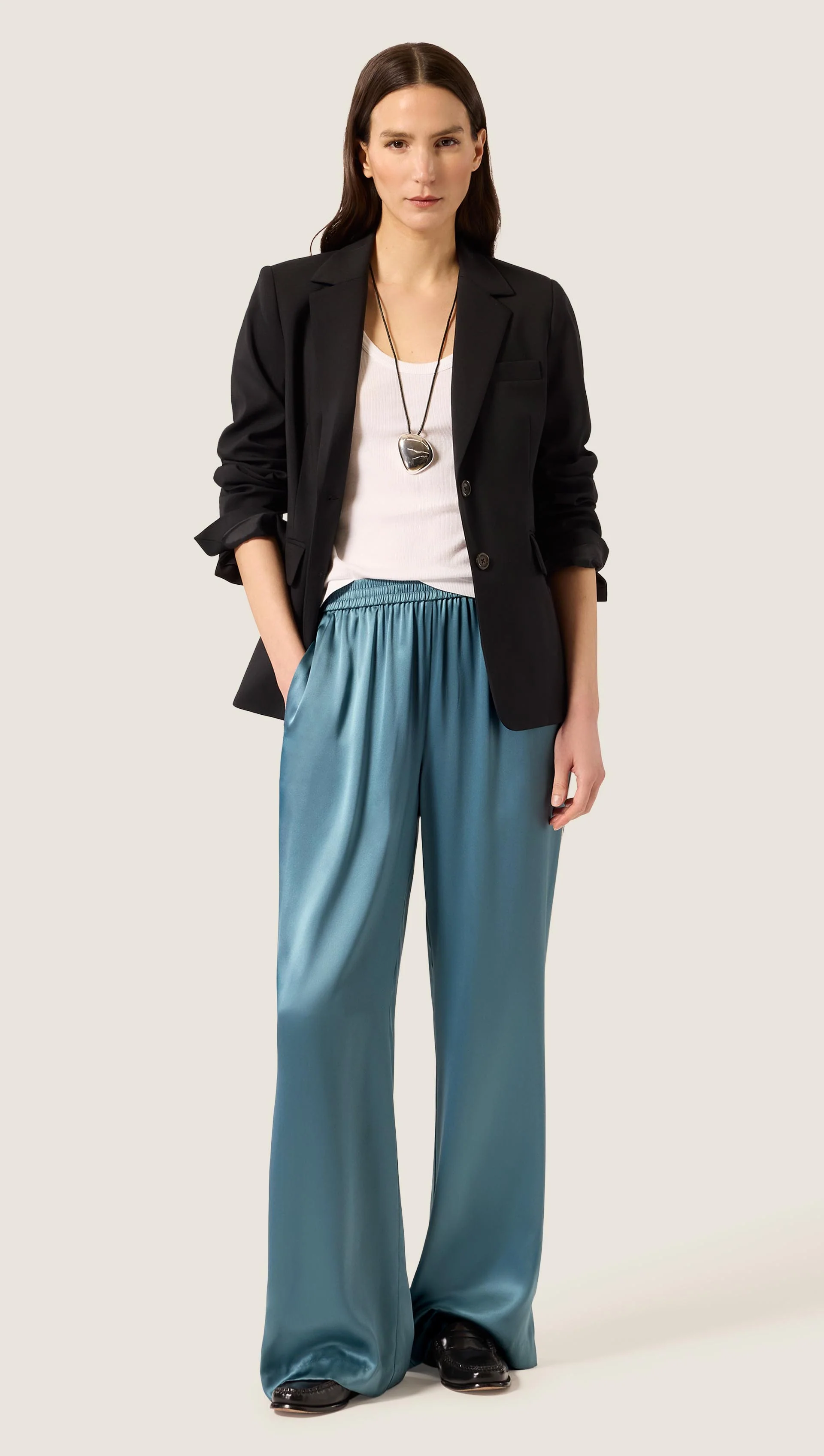 Pull-Up Pant in Silk Charmeuse w/Piping Detail | Steel Blue - Image 5