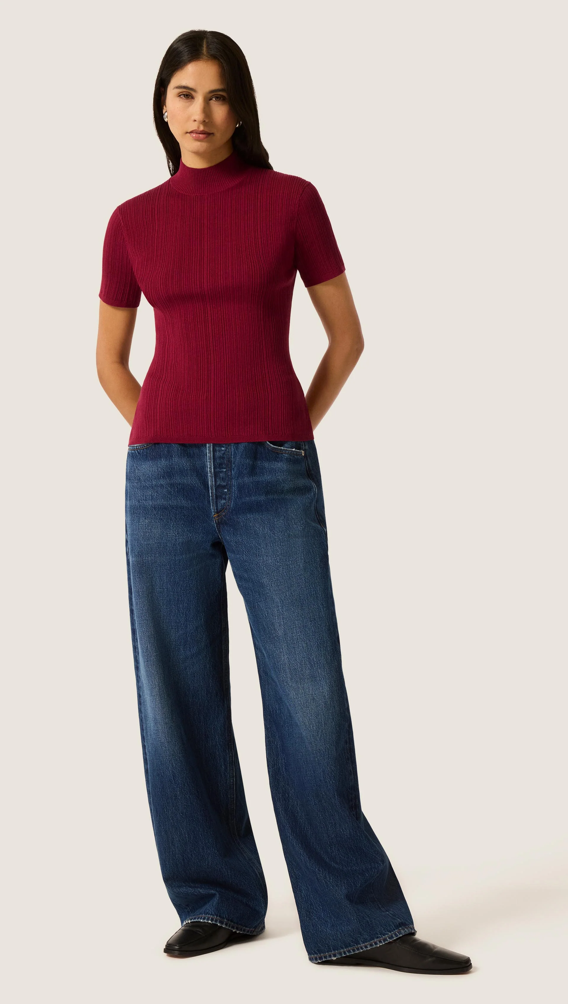 Ribbed Shortsleeve Turtleneck in Silk Cotton | Maroon - Image 4