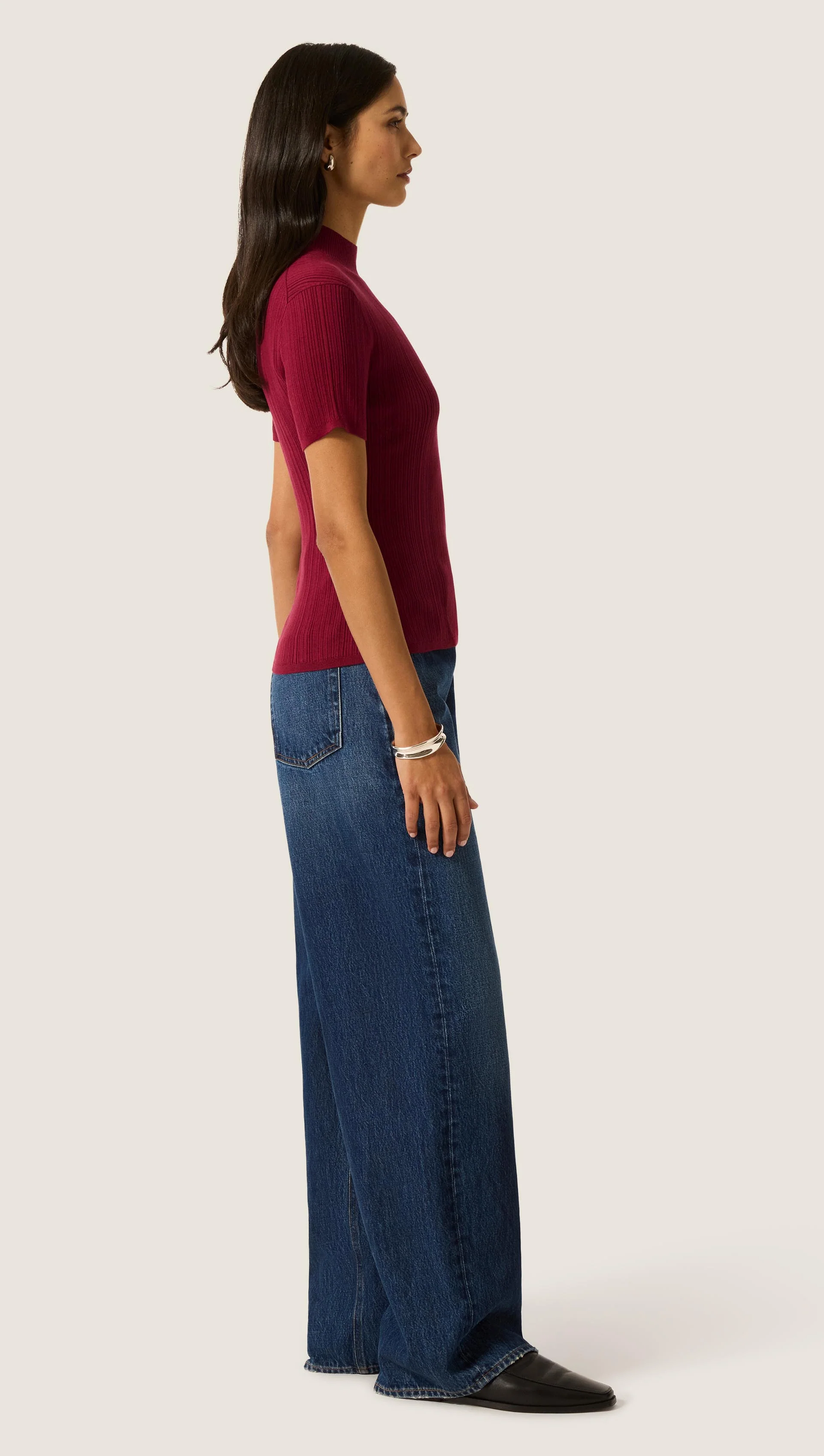 Ribbed Shortsleeve Turtleneck in Silk Cotton | Maroon - Image 5