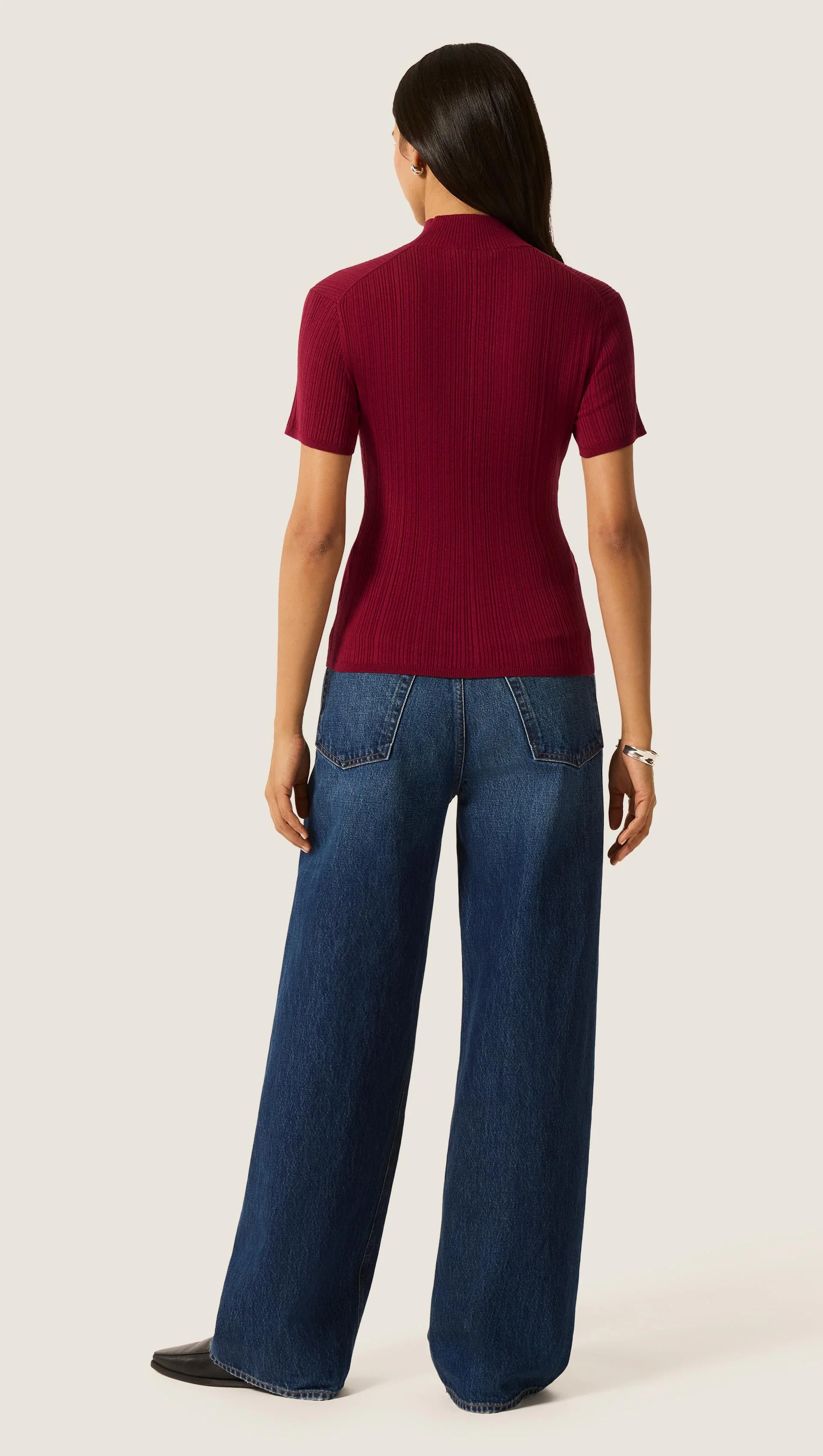 Ribbed Shortsleeve Turtleneck in Silk Cotton | Maroon - Image 6