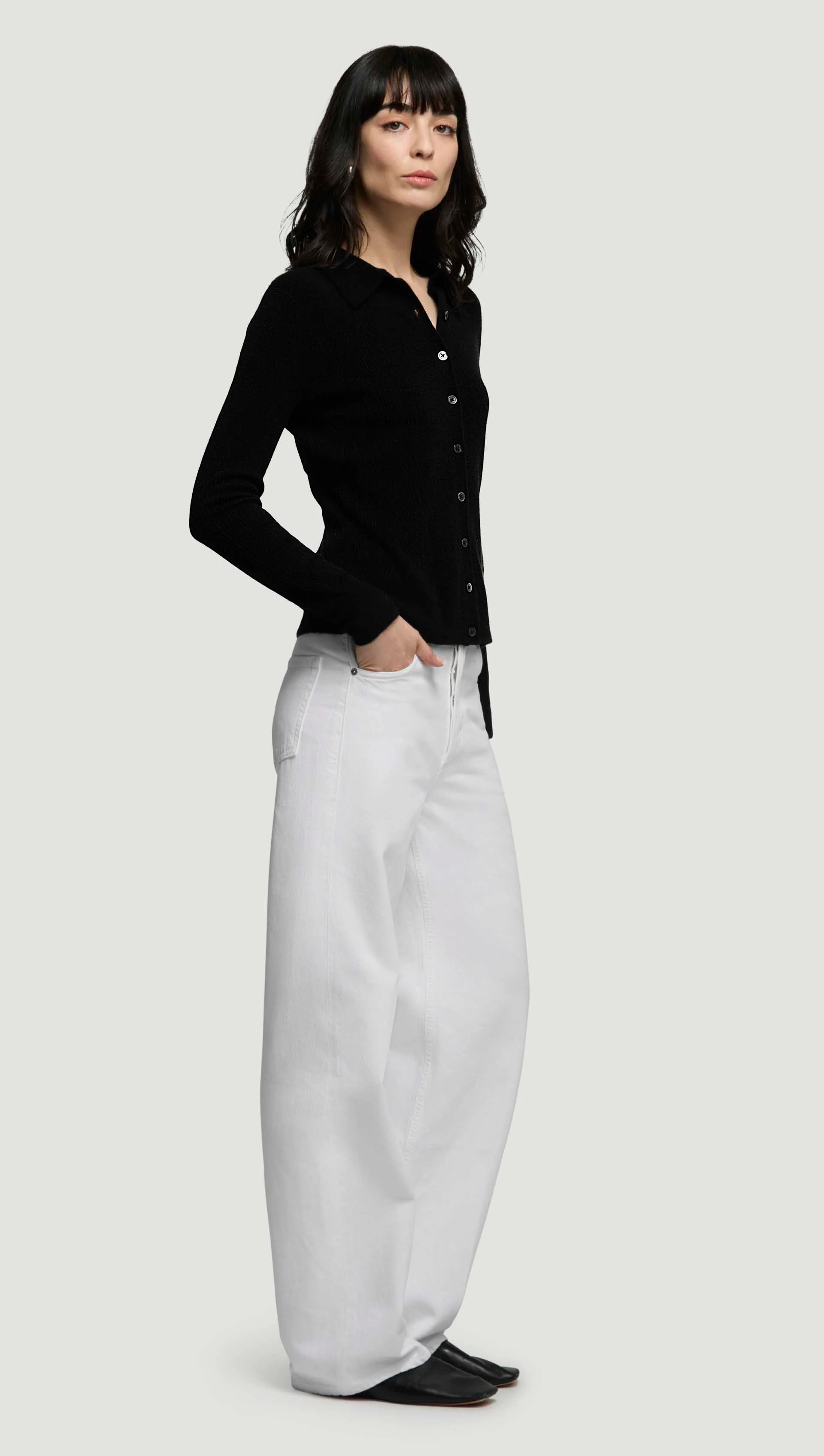 Ribbed Slim Cardigan in Wool Blend | Black - Image 5