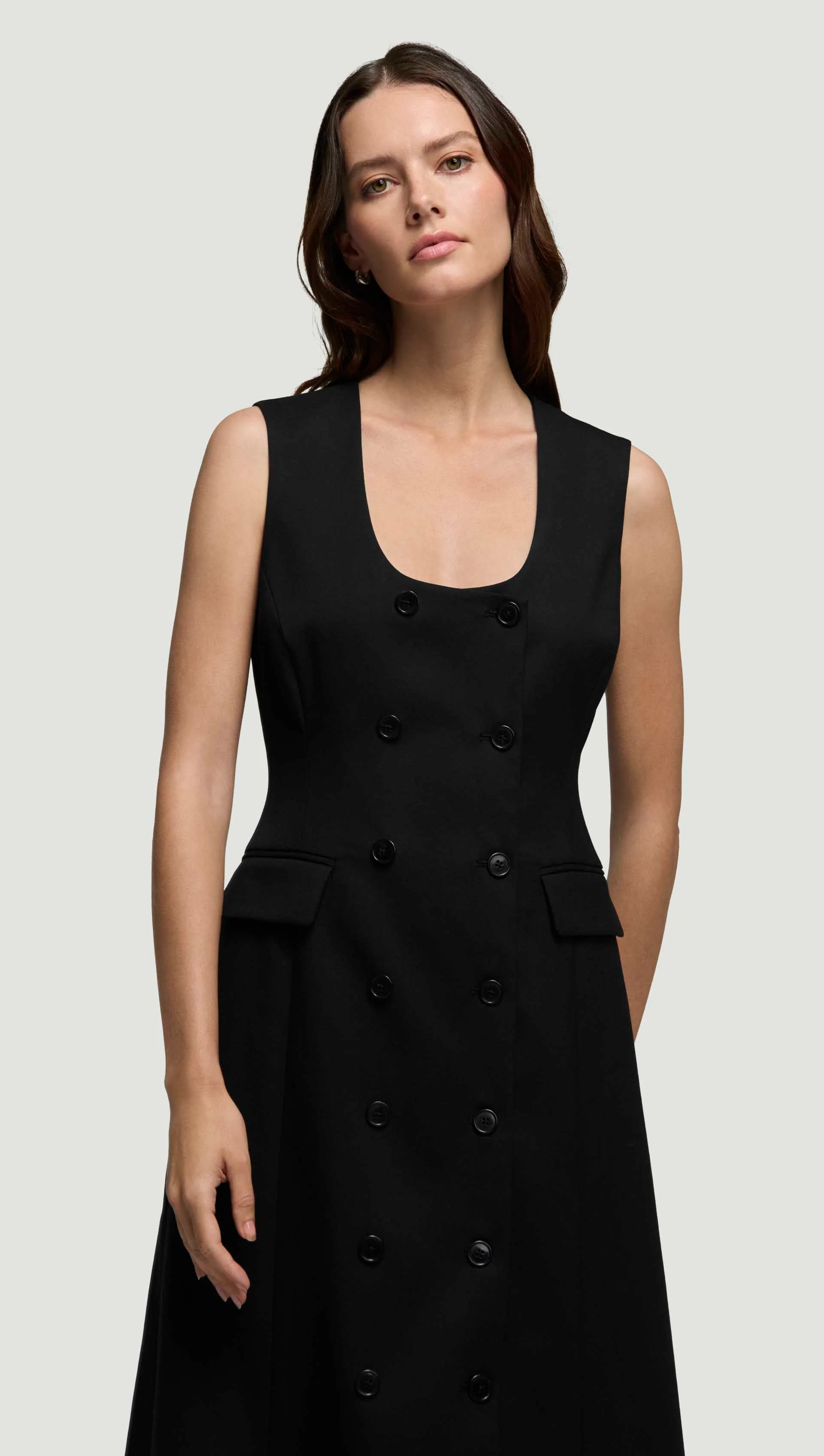 Scoop Neck Double-Breasted Dress in Seasonless Wool | Black - Image 3