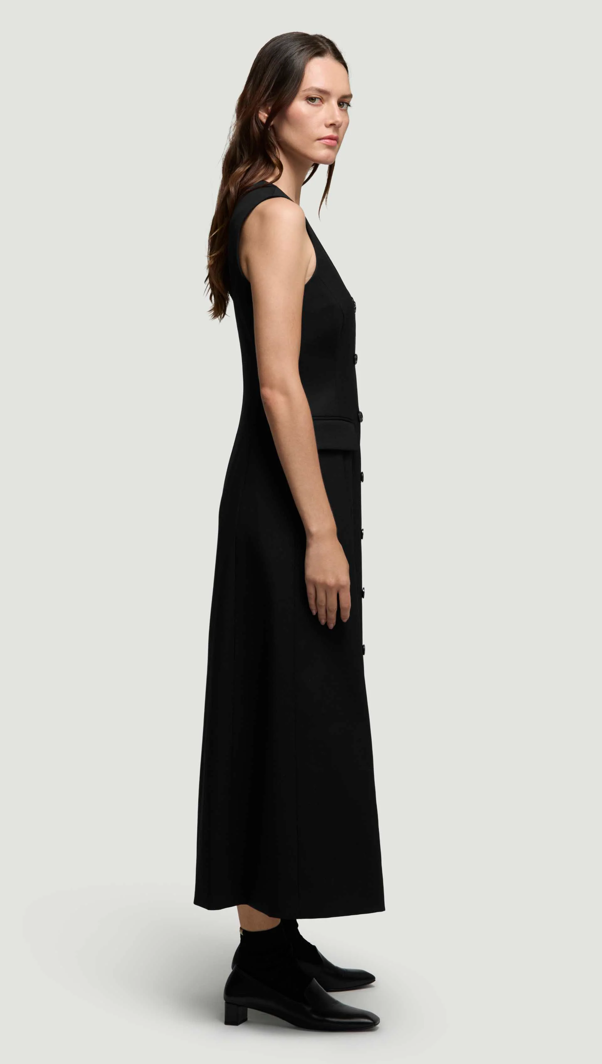 Scoop Neck Double-Breasted Dress in Seasonless Wool | Black - Image 4