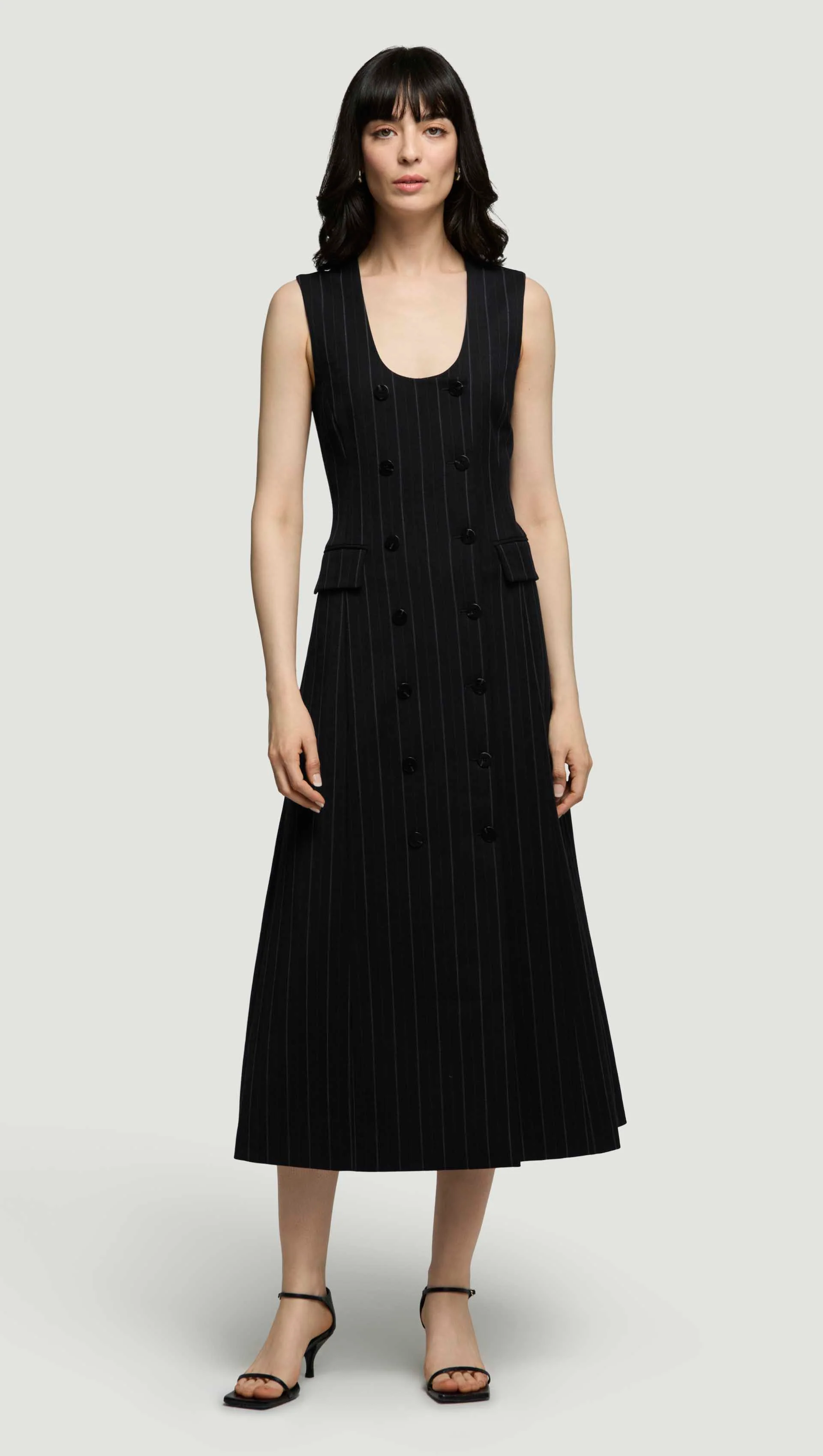 Scoop Neck Double-Breasted Dress in Stretch Wool | Herringbone Midnight Stripe - Image 3