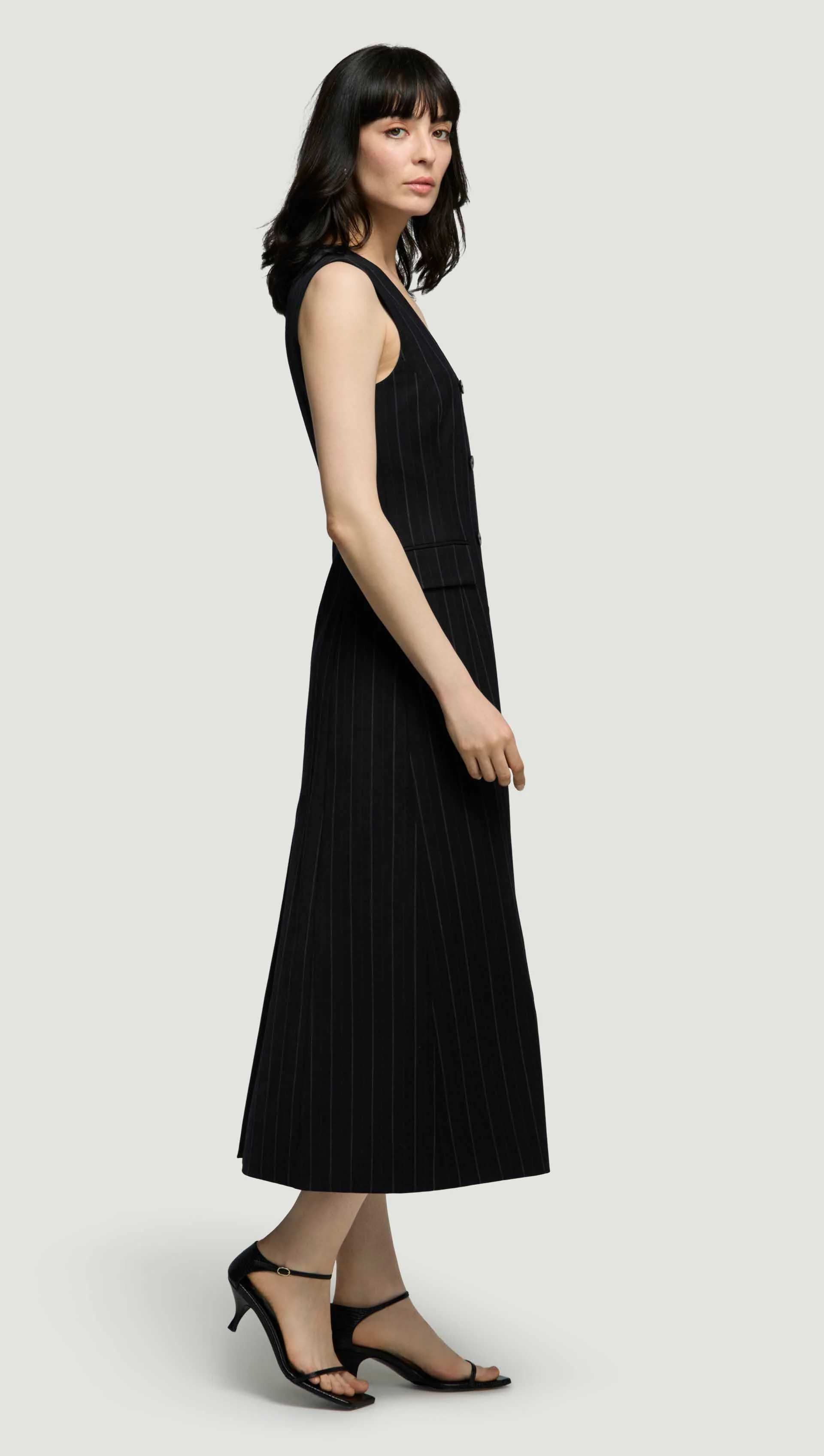 Scoop Neck Double-Breasted Dress in Stretch Wool | Herringbone Midnight Stripe - Image 4