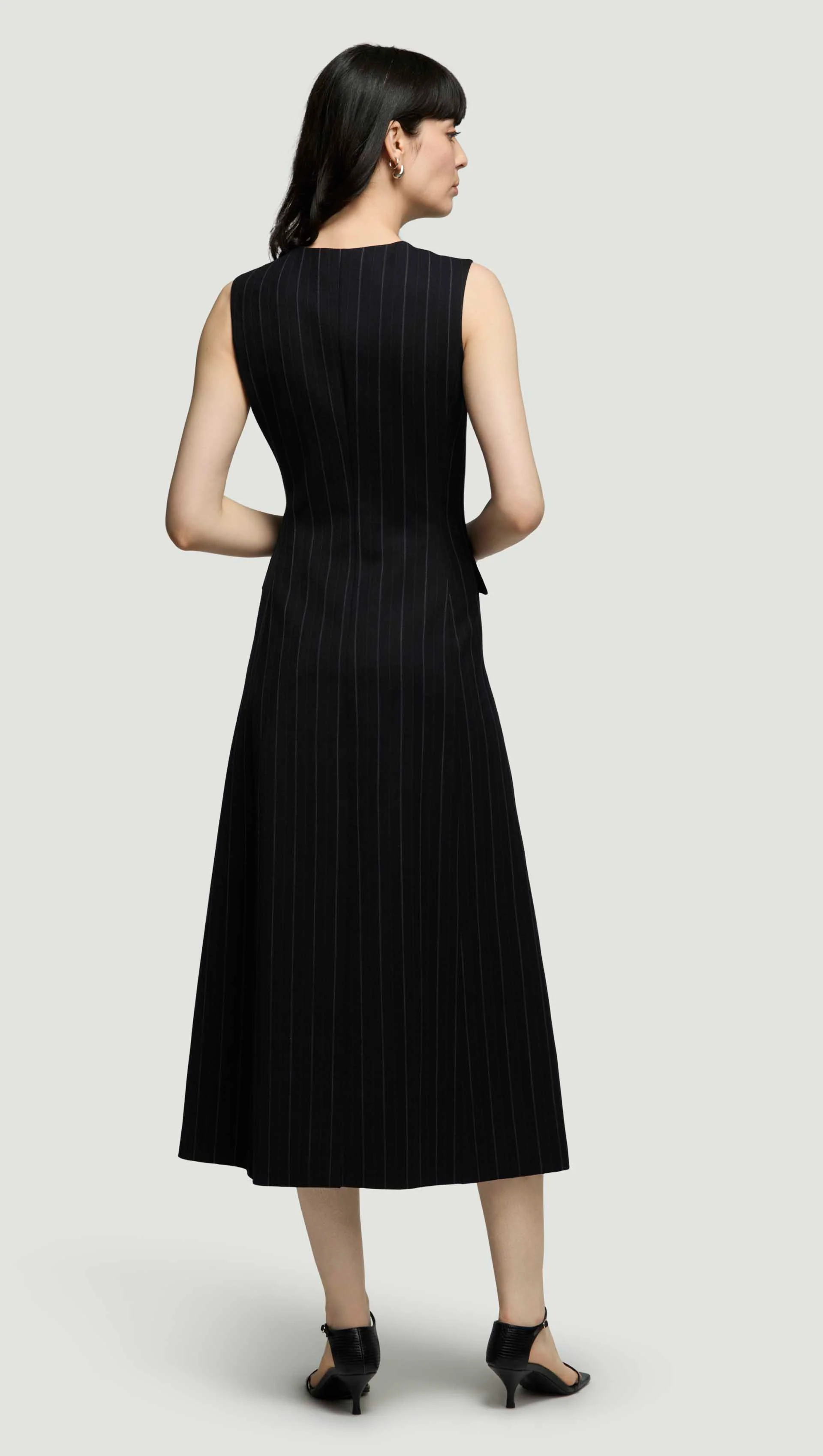 Scoop Neck Double-Breasted Dress in Stretch Wool | Herringbone Midnight Stripe - Image 5