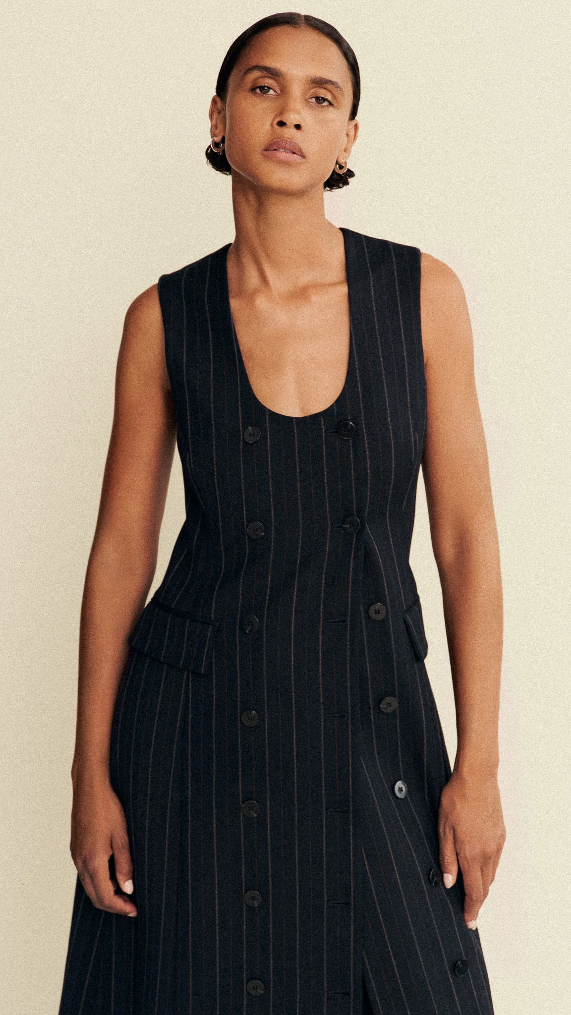 Scoop Neck Double-Breasted Dress in Stretch Wool | Herringbone Midnight Stripe - Image 6