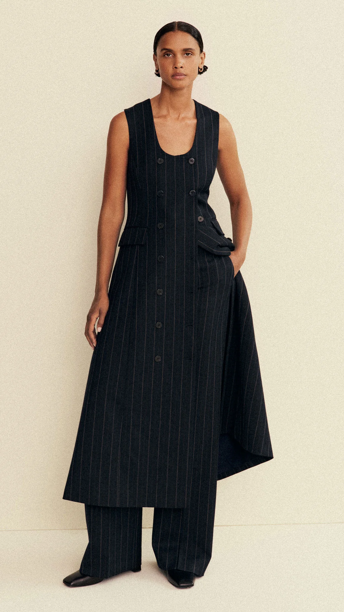 Scoop Neck Double-Breasted Dress in Stretch Wool | Herringbone Midnight Stripe - Image 7
