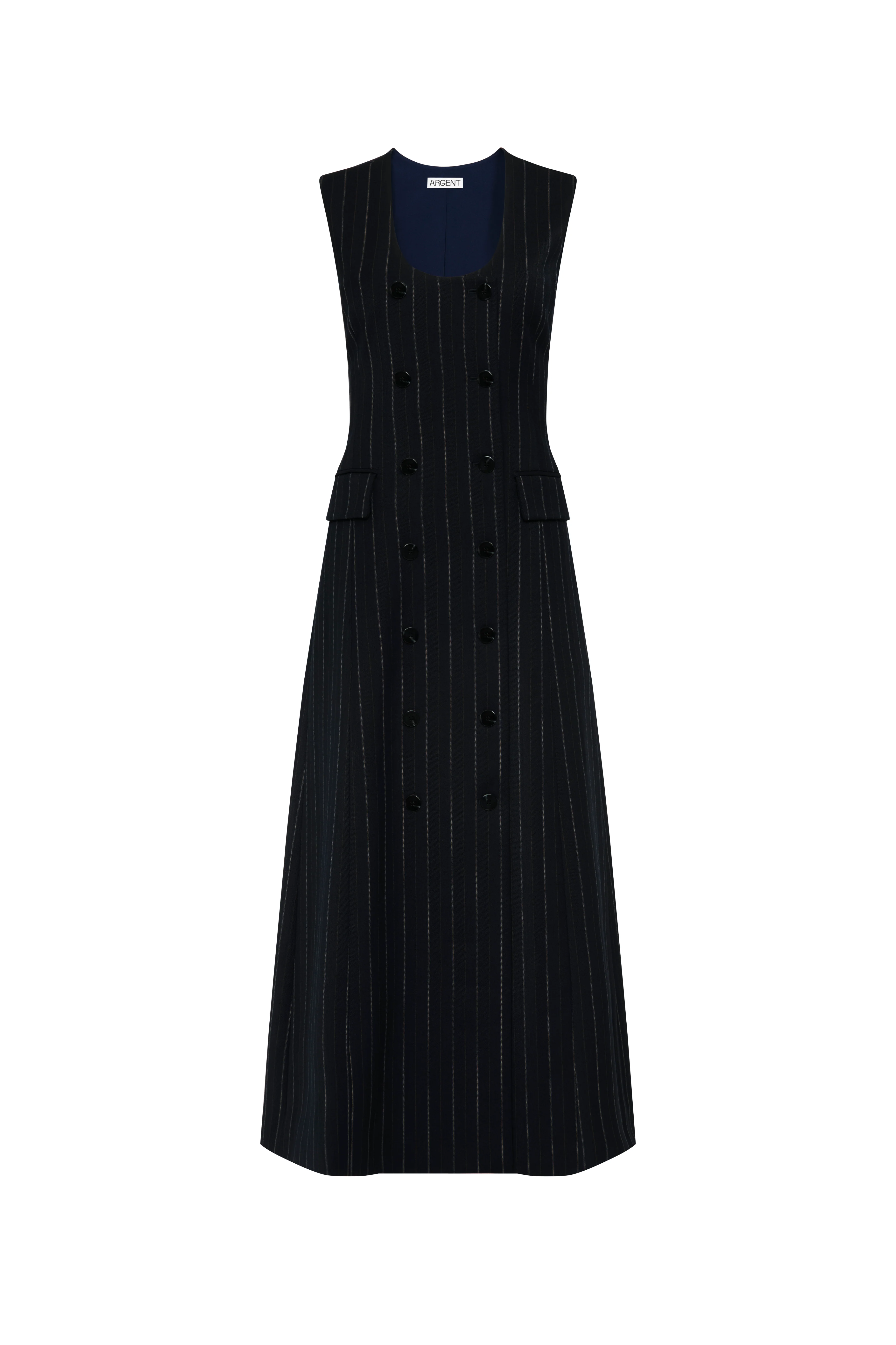 Scoop Neck Double-Breasted Dress in Stretch Wool | Herringbone Midnight Stripe - Image 8