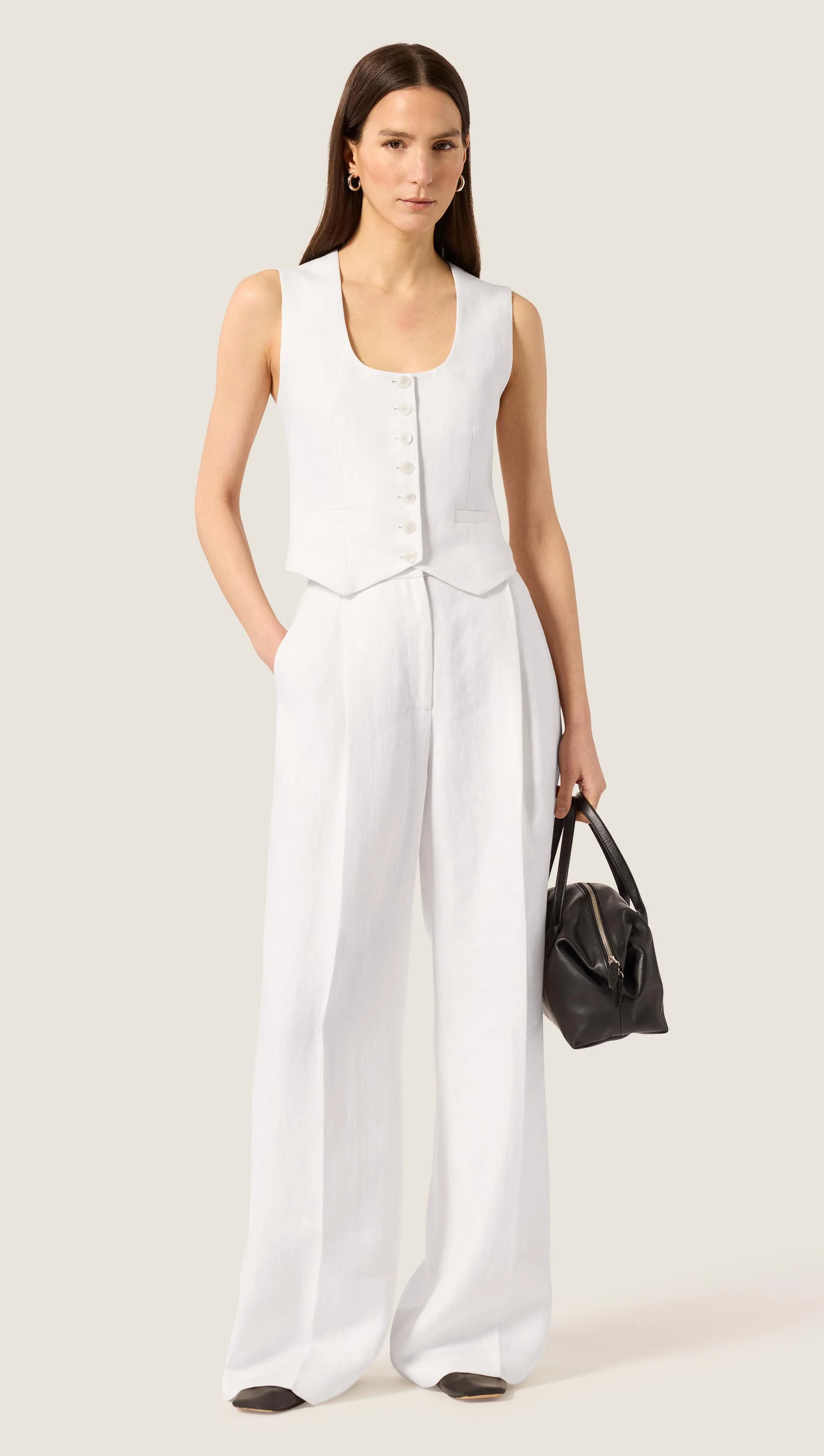 Scoop Neck Waistcoat in Viscose Linen | Ivory - Image 3