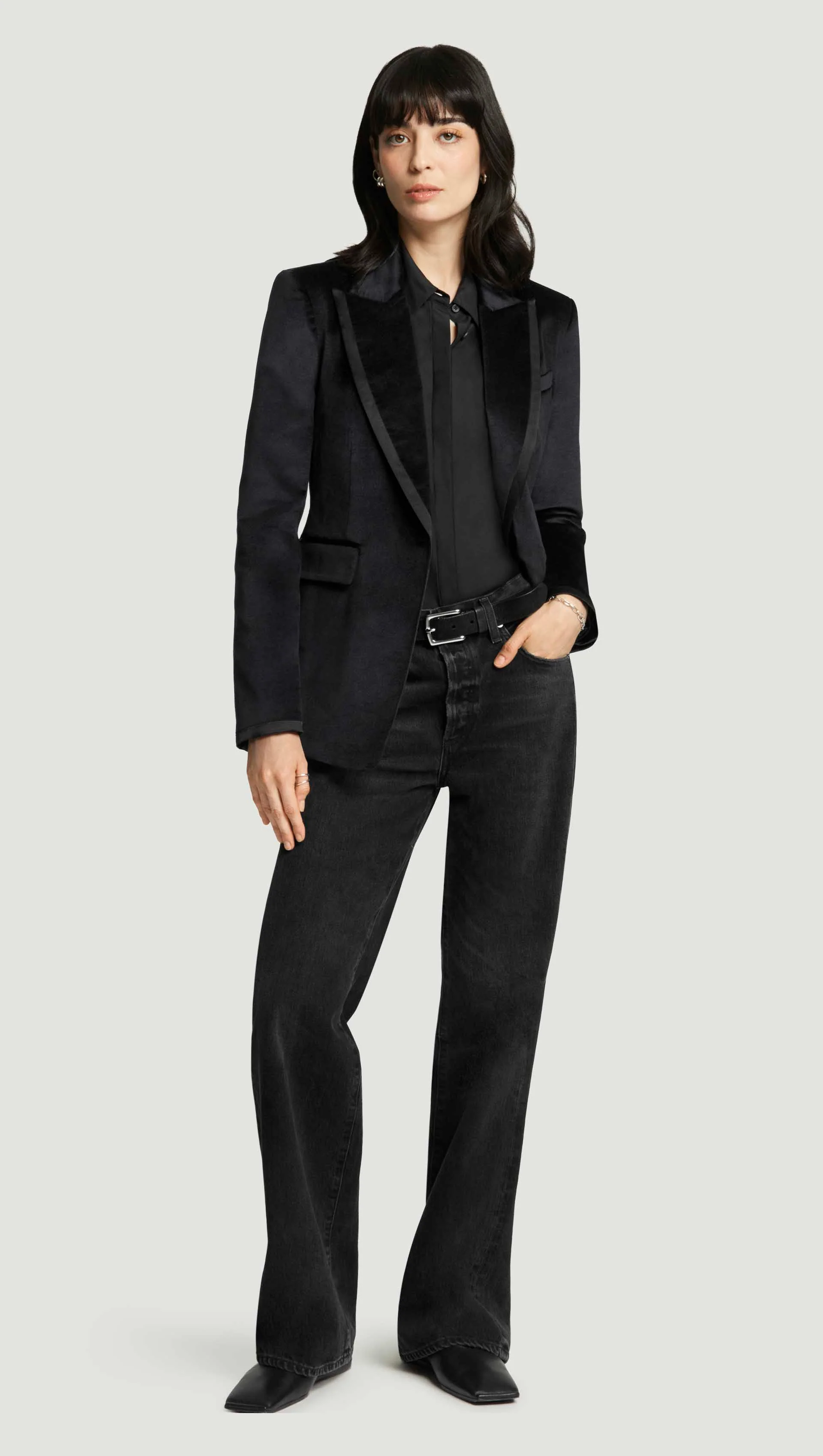 Sculpted Blazer in Velvet w/Satin Detail | Black - Image 6