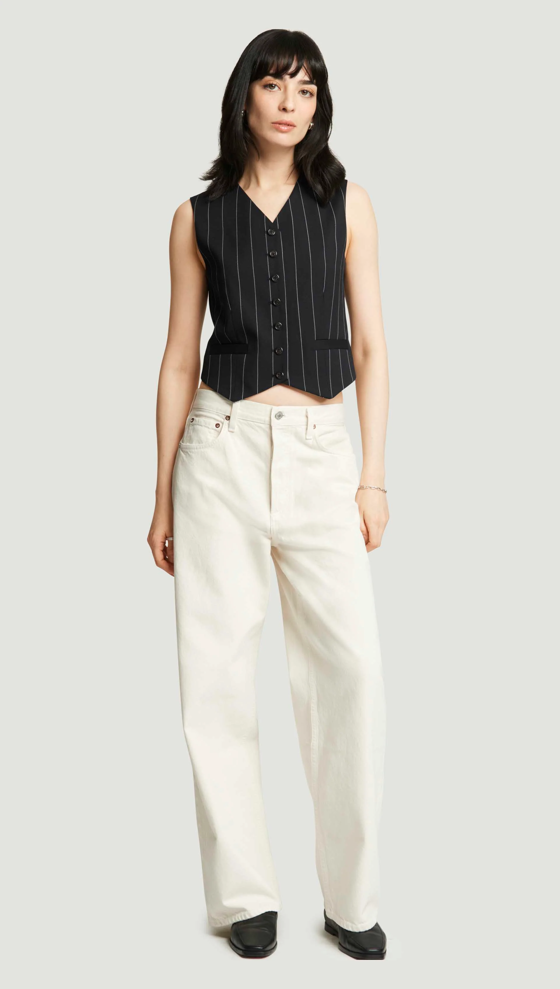 Shallow V-Neck Waistcoat in Stretch Wool | Navy Pinstripe - Image 3