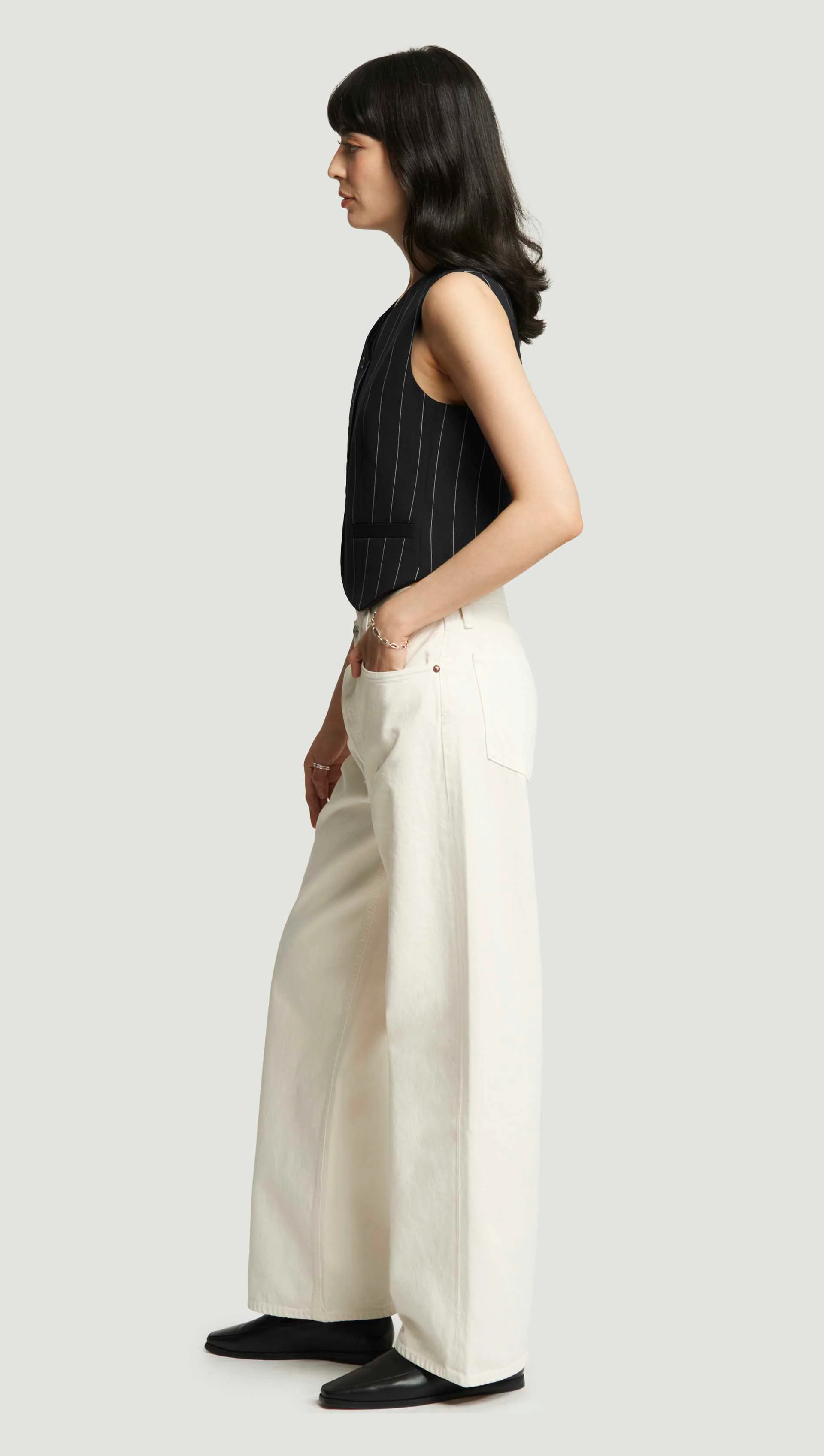 Shallow V-Neck Waistcoat in Stretch Wool | Navy Pinstripe - Image 4