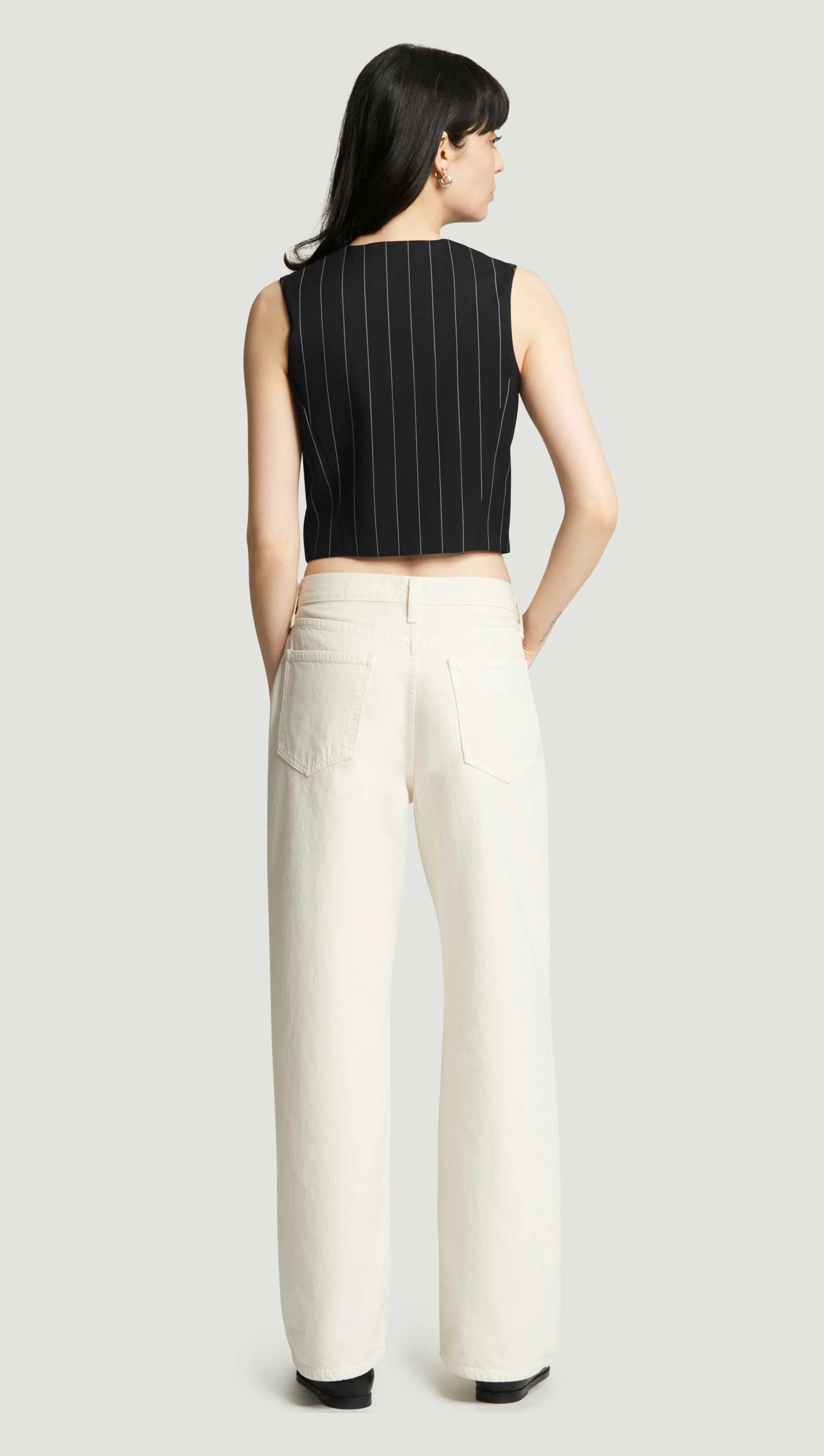 Shallow V-Neck Waistcoat in Stretch Wool | Navy Pinstripe - Image 5