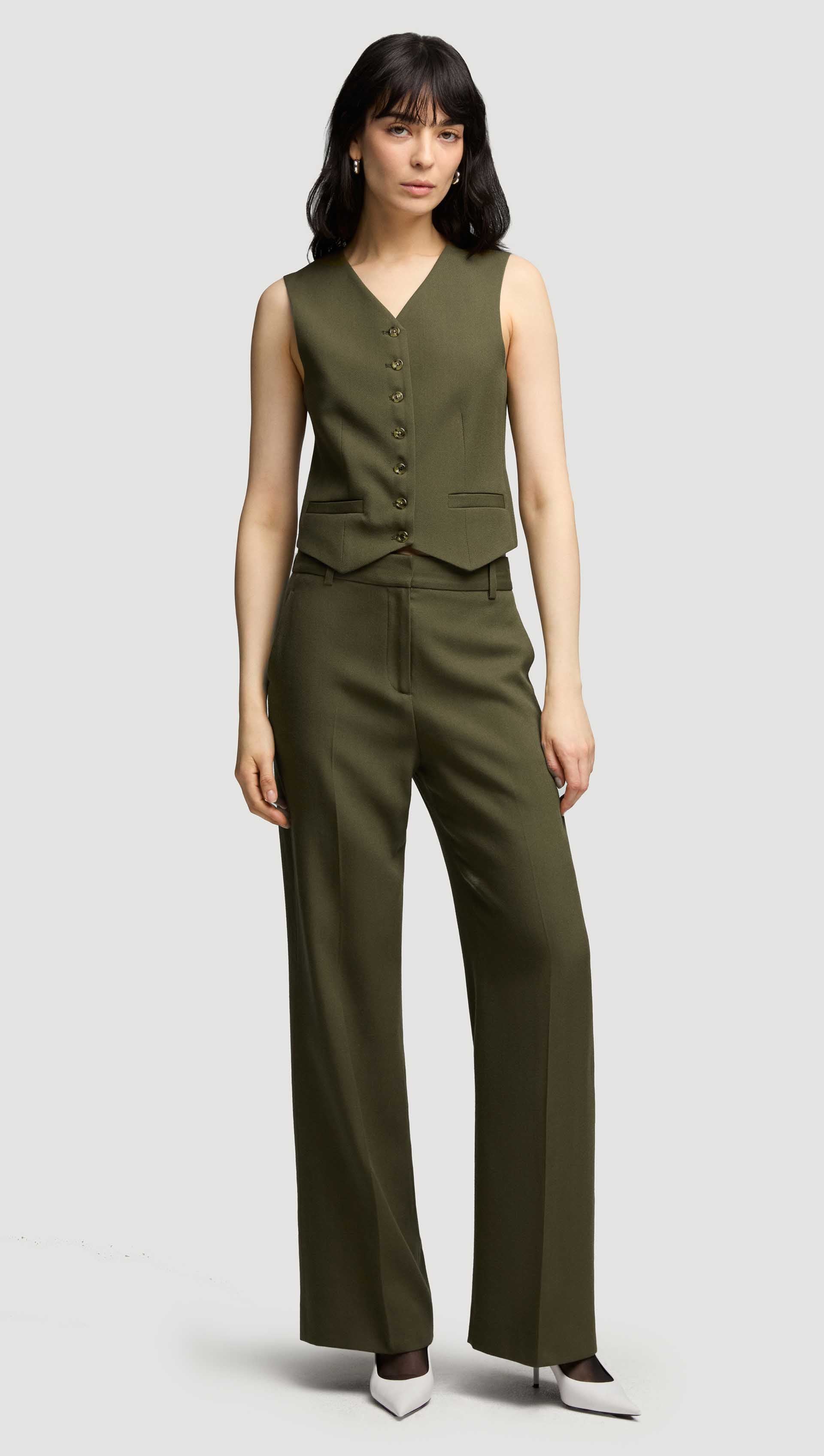 Shallow V-Neck Waistcoat in Viscose Wool Twill | Olive - Image 3