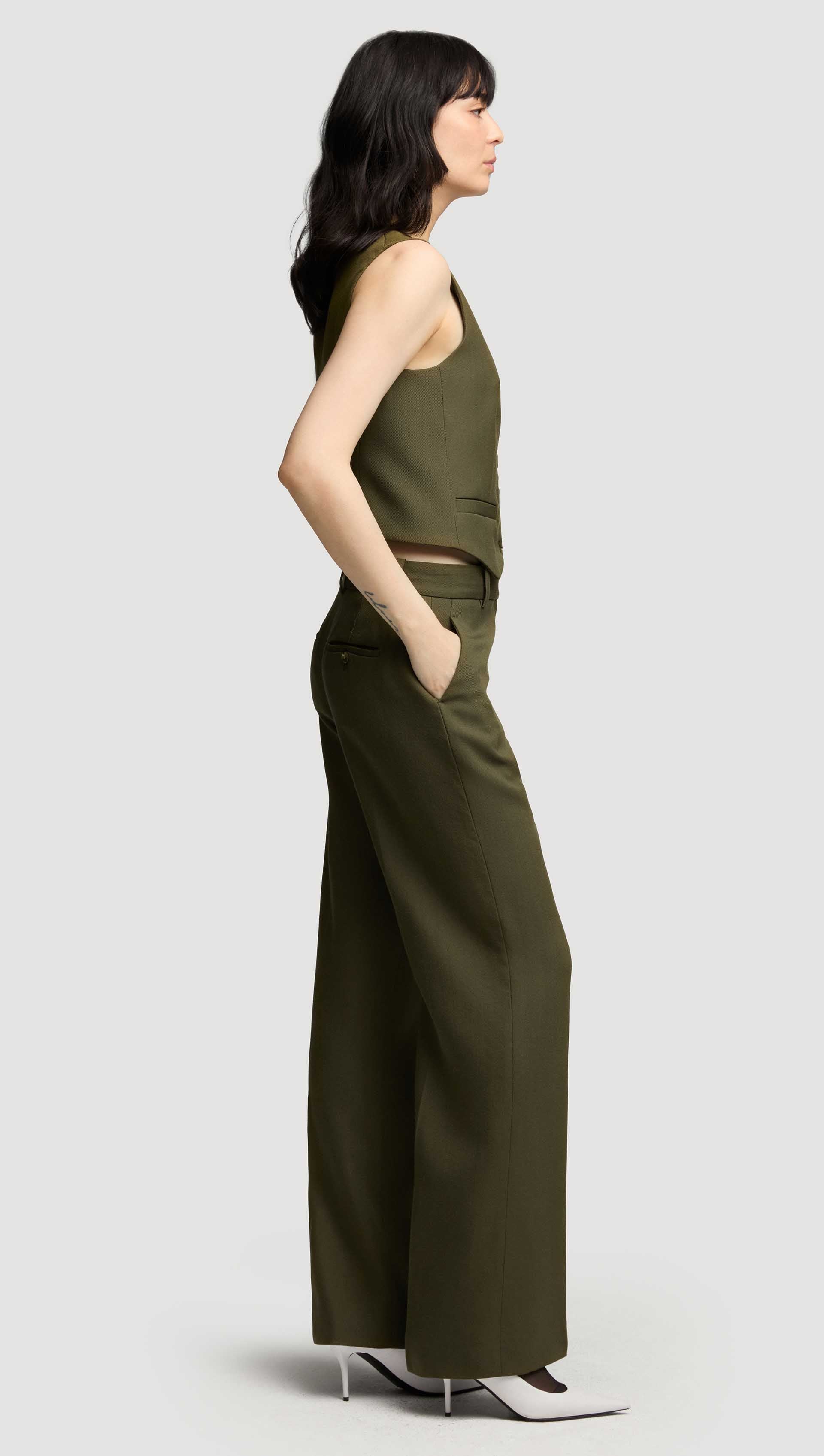 Shallow V-Neck Waistcoat in Viscose Wool Twill | Olive - Image 4