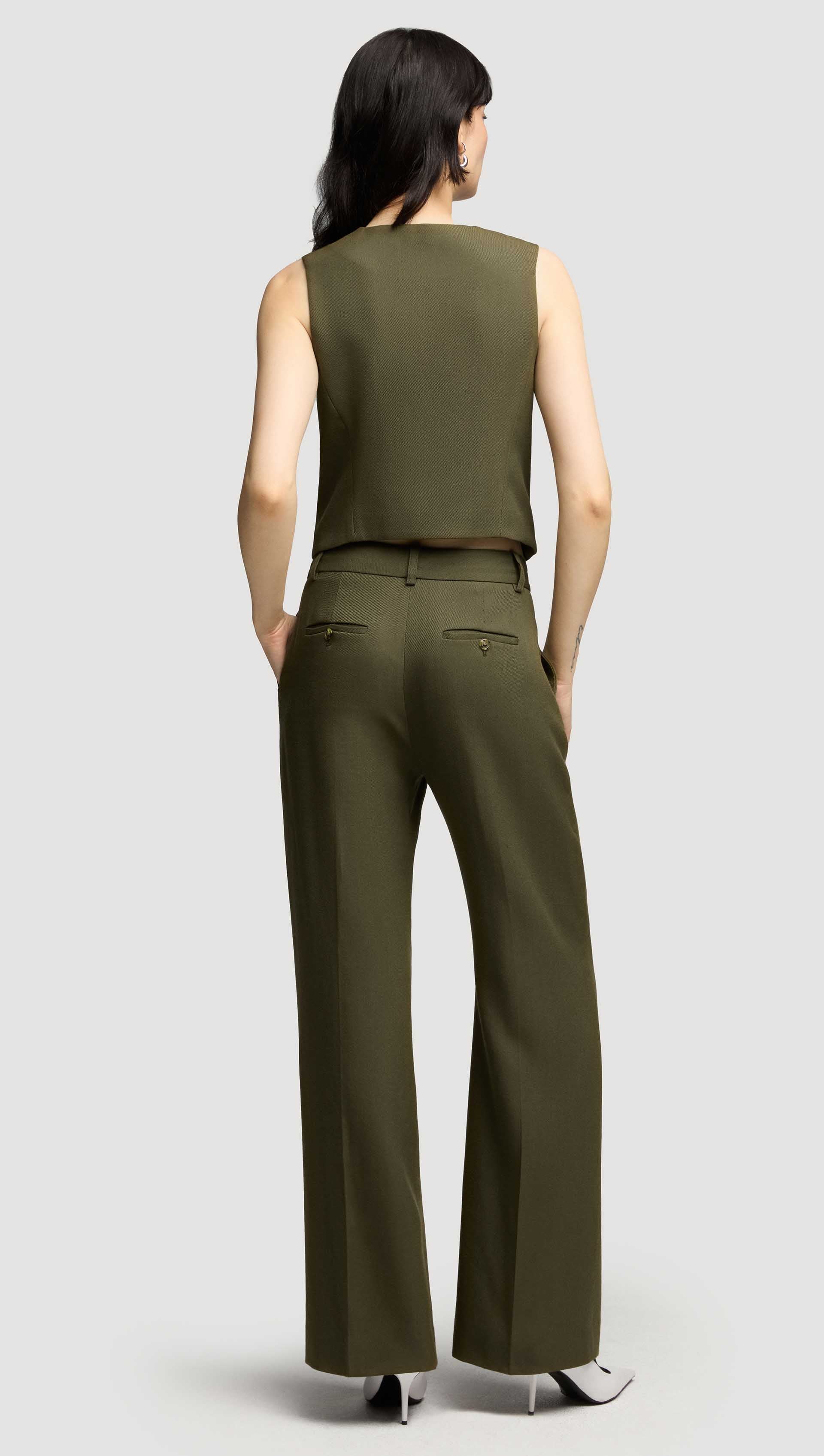 Shallow V-Neck Waistcoat in Viscose Wool Twill | Olive - Image 5