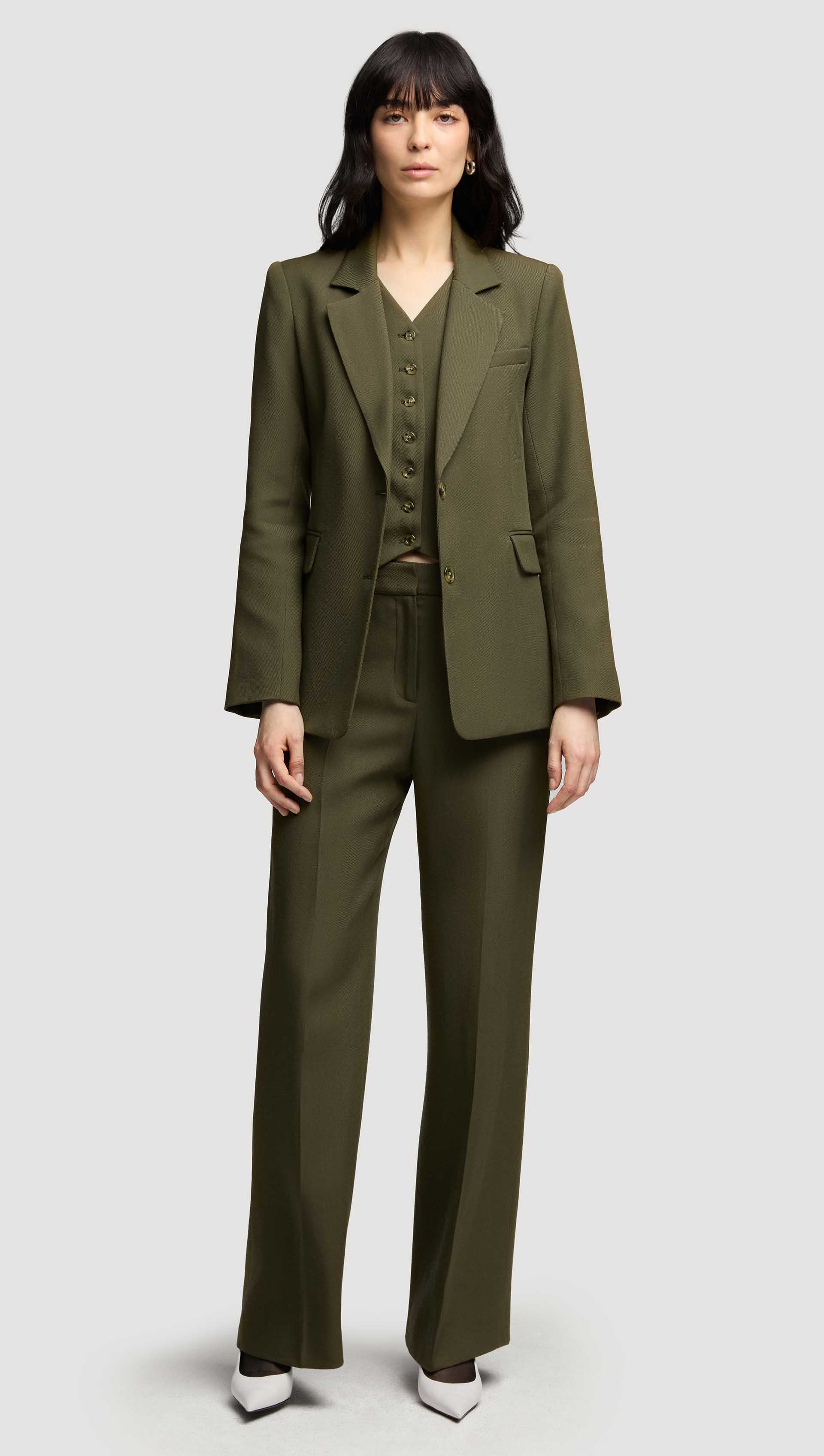 Shallow V-Neck Waistcoat in Viscose Wool Twill | Olive - Image 6