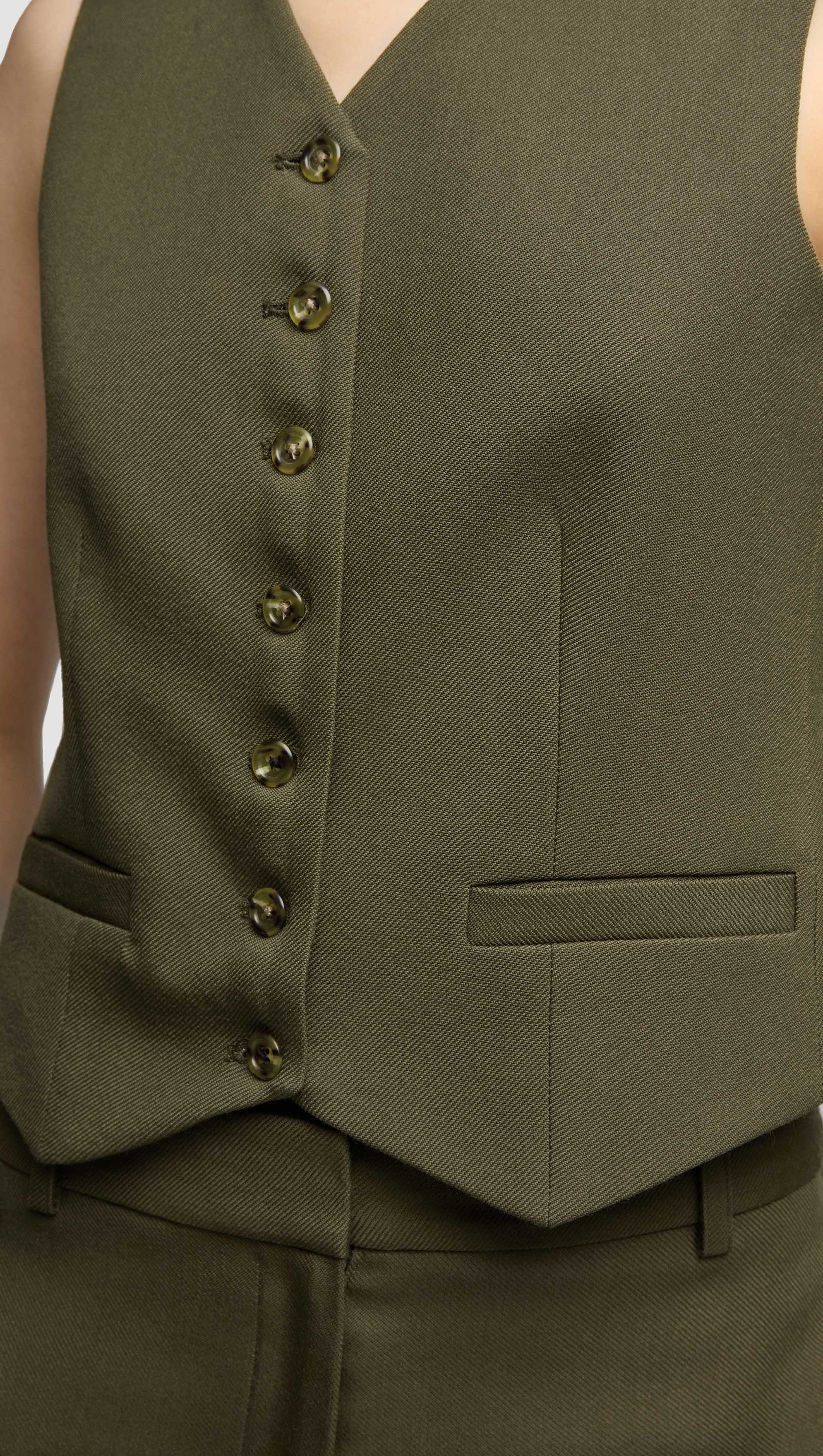 Shallow V-Neck Waistcoat in Viscose Wool Twill | Olive - Image 8