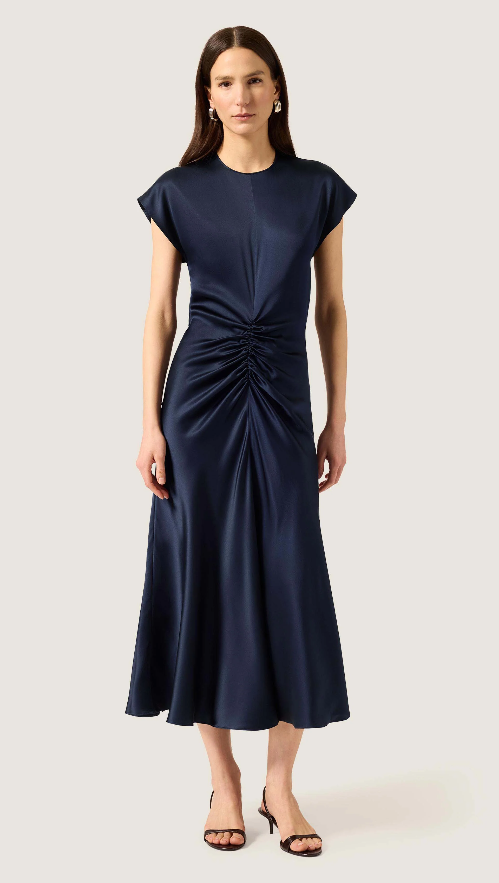Shirred Dress in Silk Charmeuse | Midnight