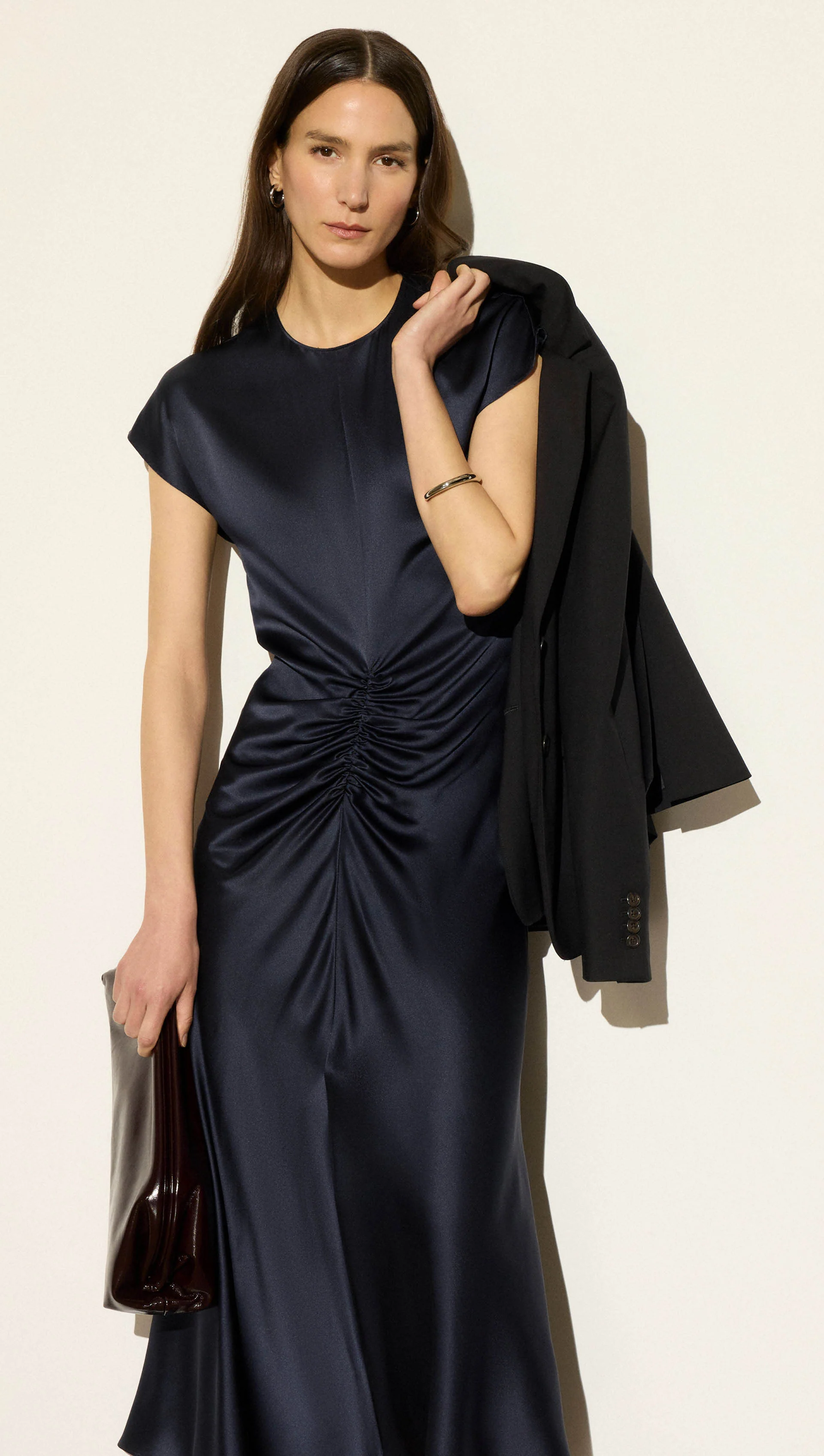 Shirred Dress in Silk Charmeuse | Midnight - Image 5