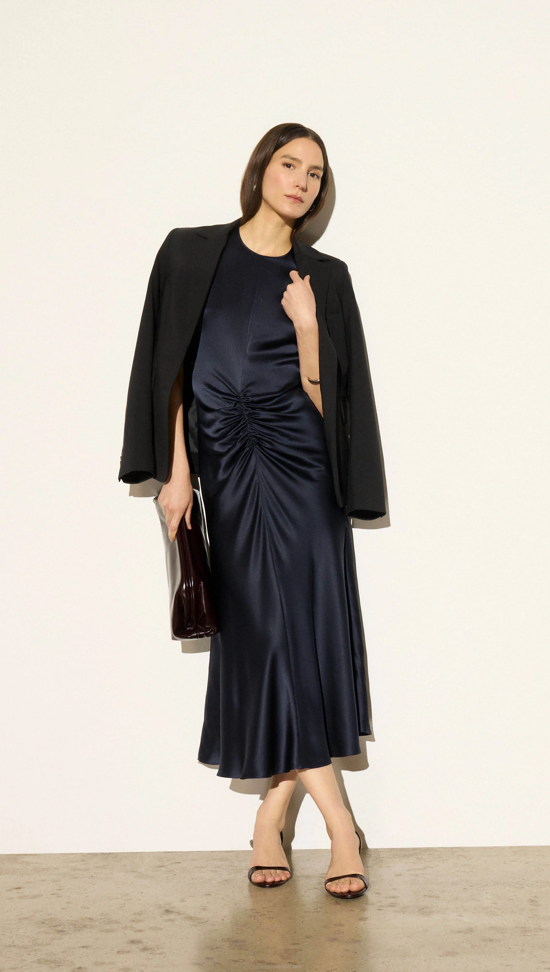 Shirred Dress in Silk Charmeuse | Midnight - Image 6