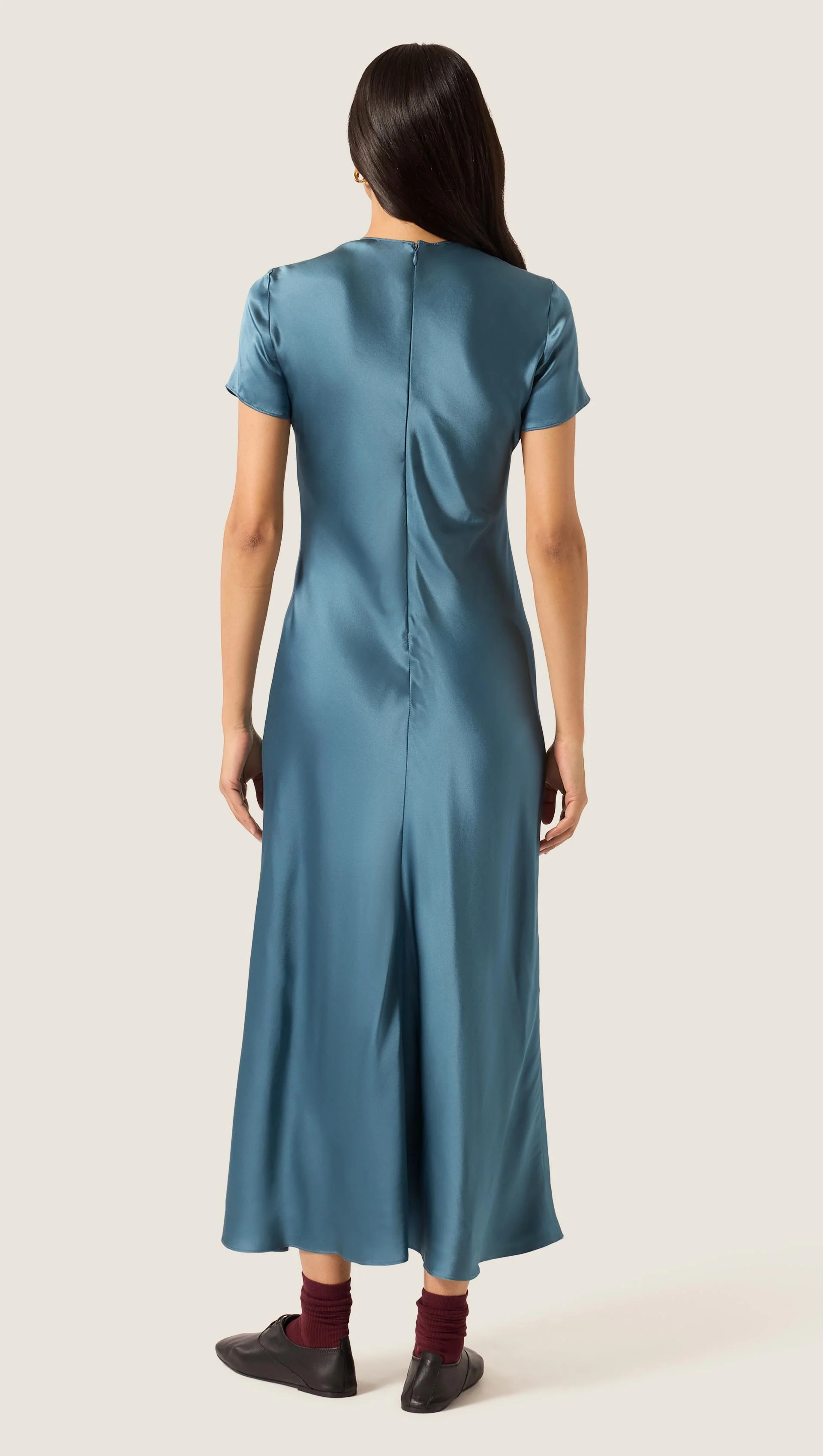 Short Sleeve Bias Dress in Silk Charmeuse | Steel Blue - Image 3