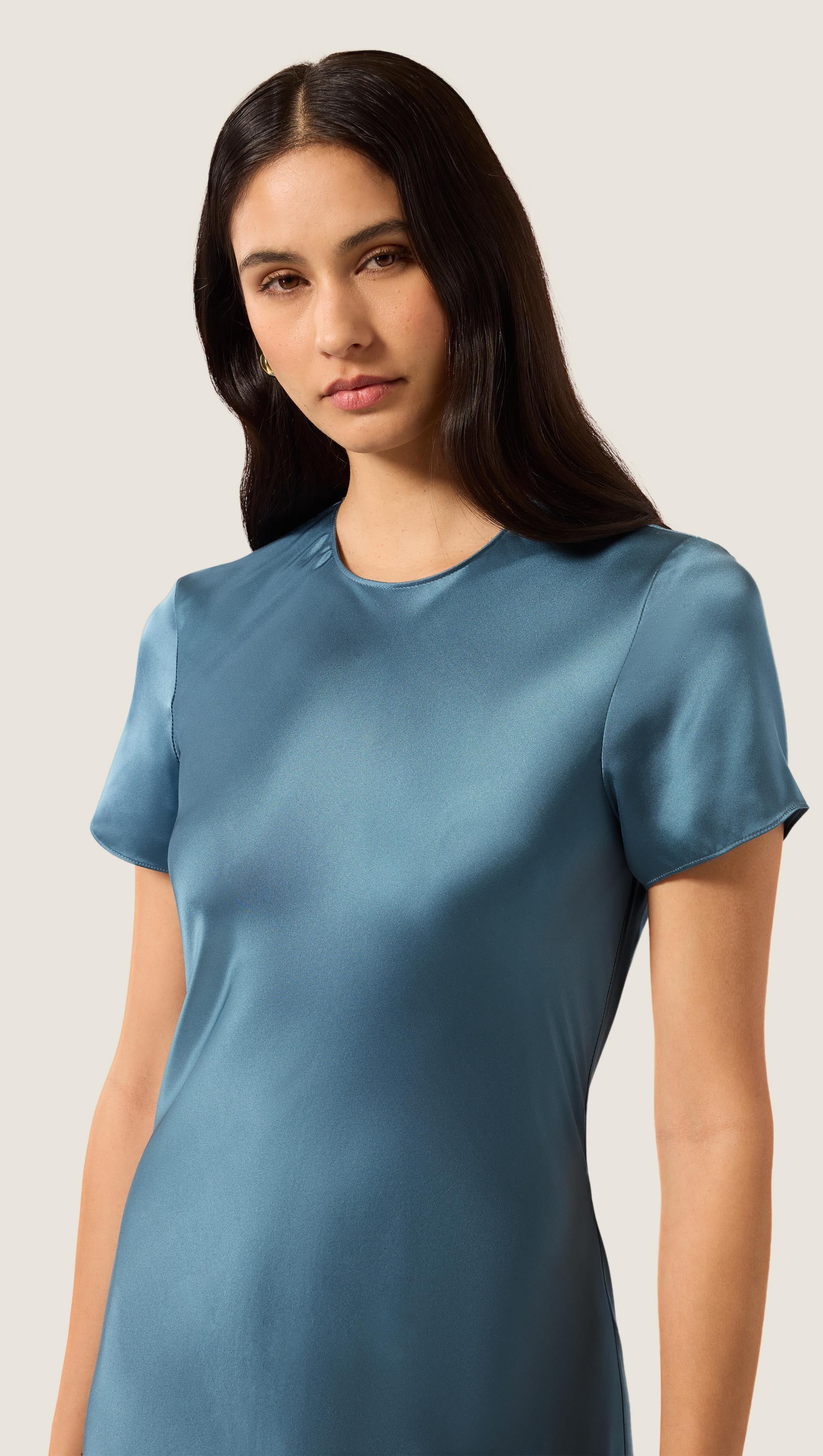 Short Sleeve Bias Dress in Silk Charmeuse | Steel Blue - Image 4