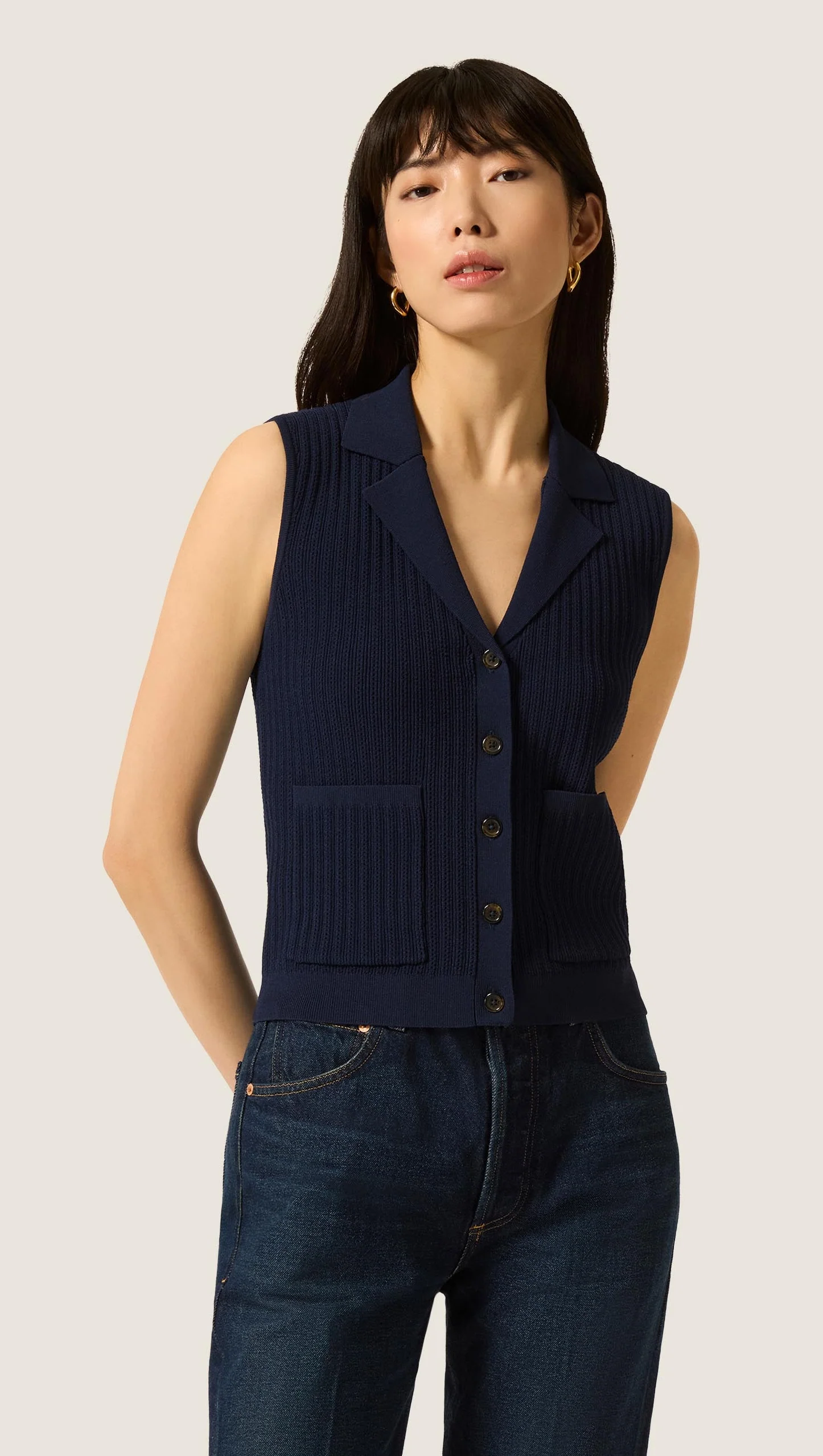 Sleeveless Collared Knit in Viscose | Navy