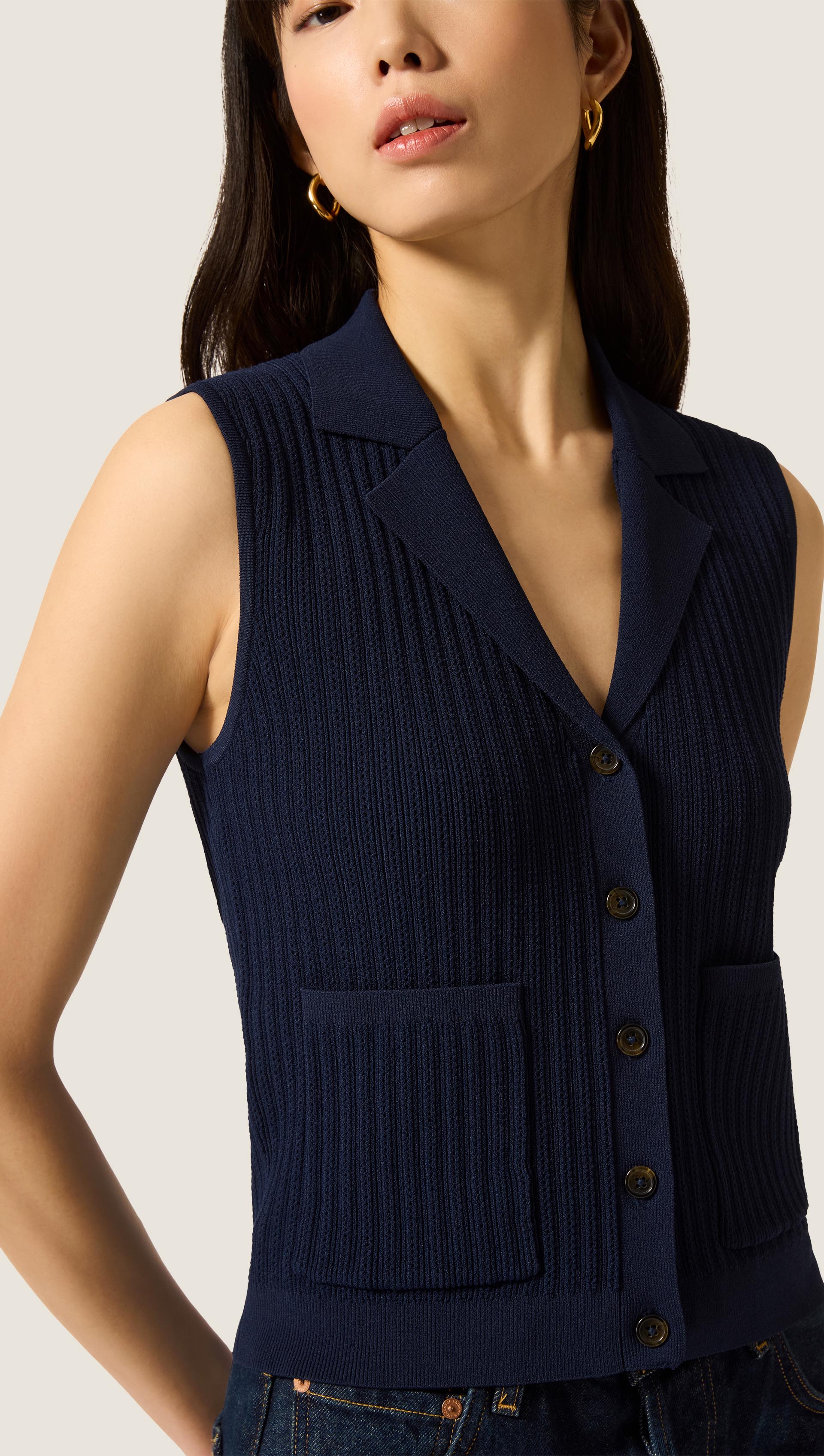 Sleeveless Collared Knit in Viscose | Navy - Image 3
