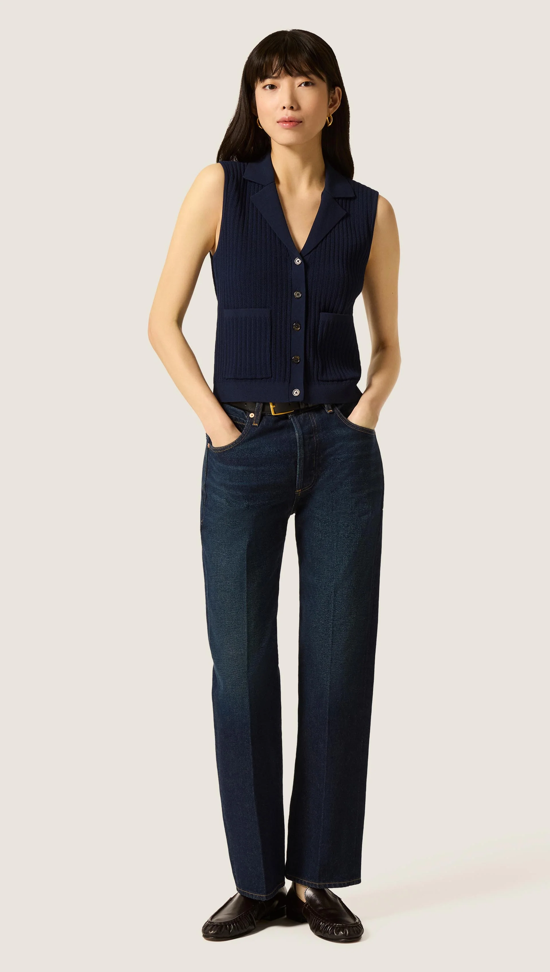 Sleeveless Collared Knit in Viscose | Navy - Image 4