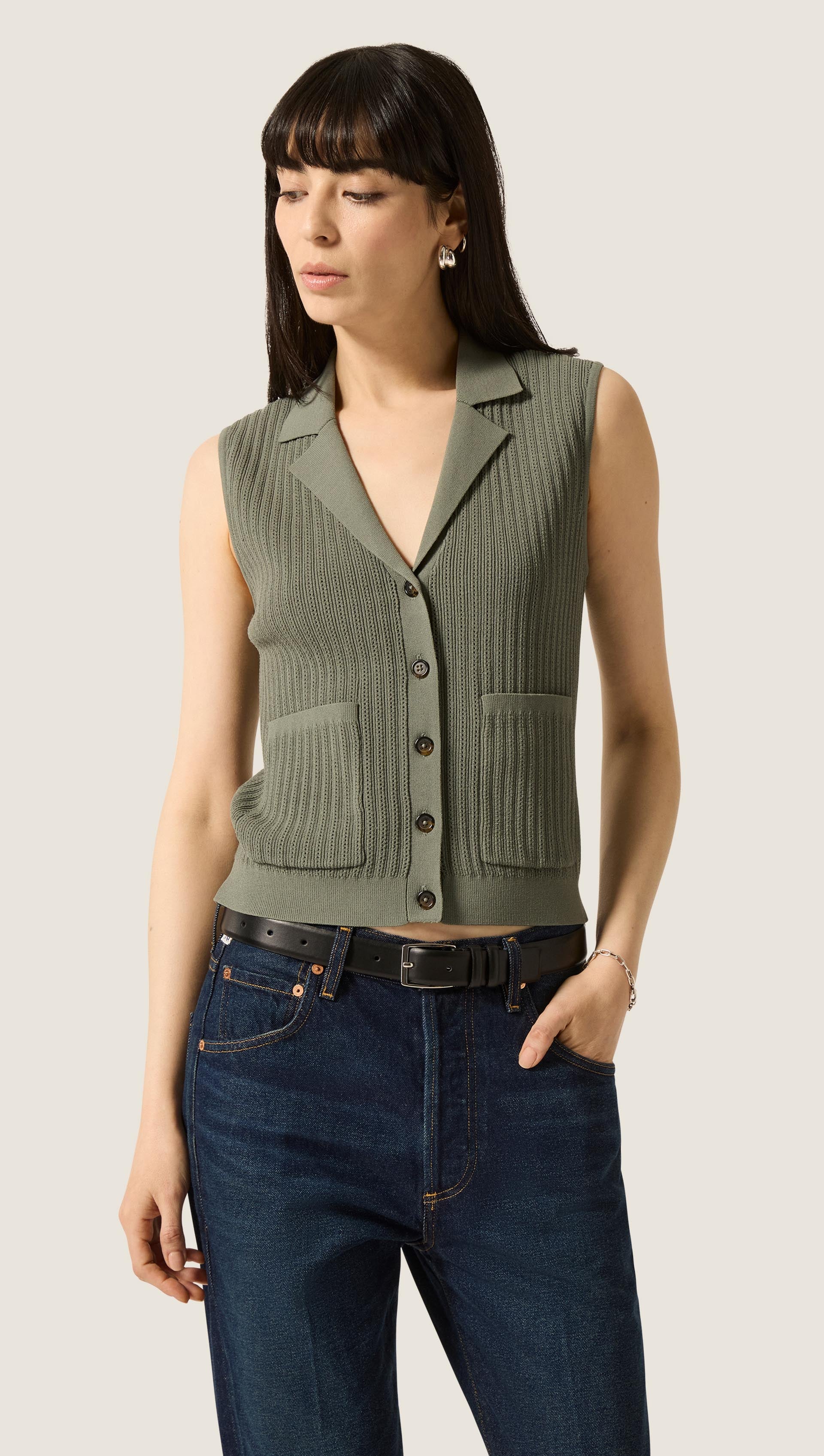 Sleeveless Collared Knit in Viscose | Sage