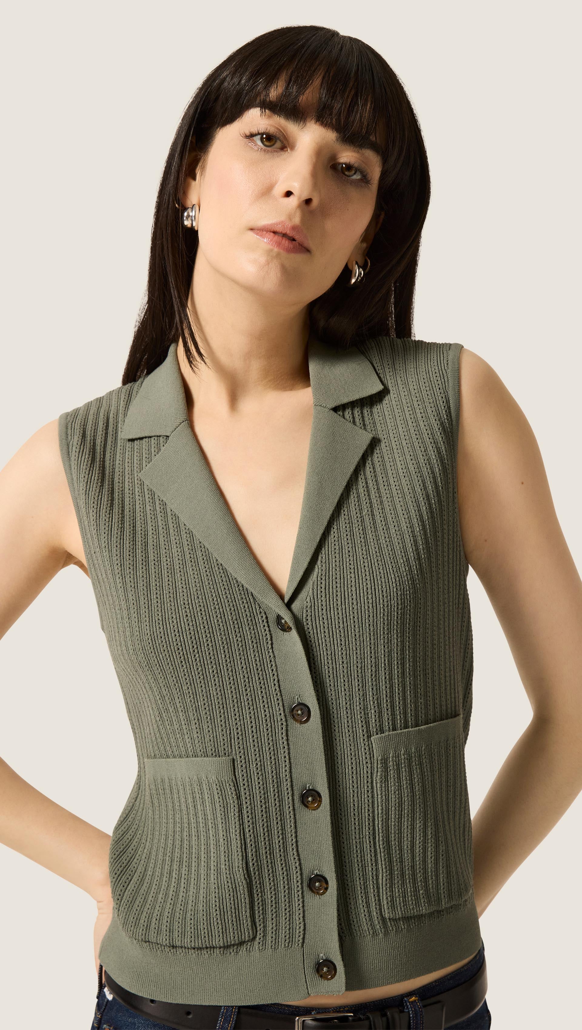 Sleeveless Collared Knit in Viscose | Sage - Image 2