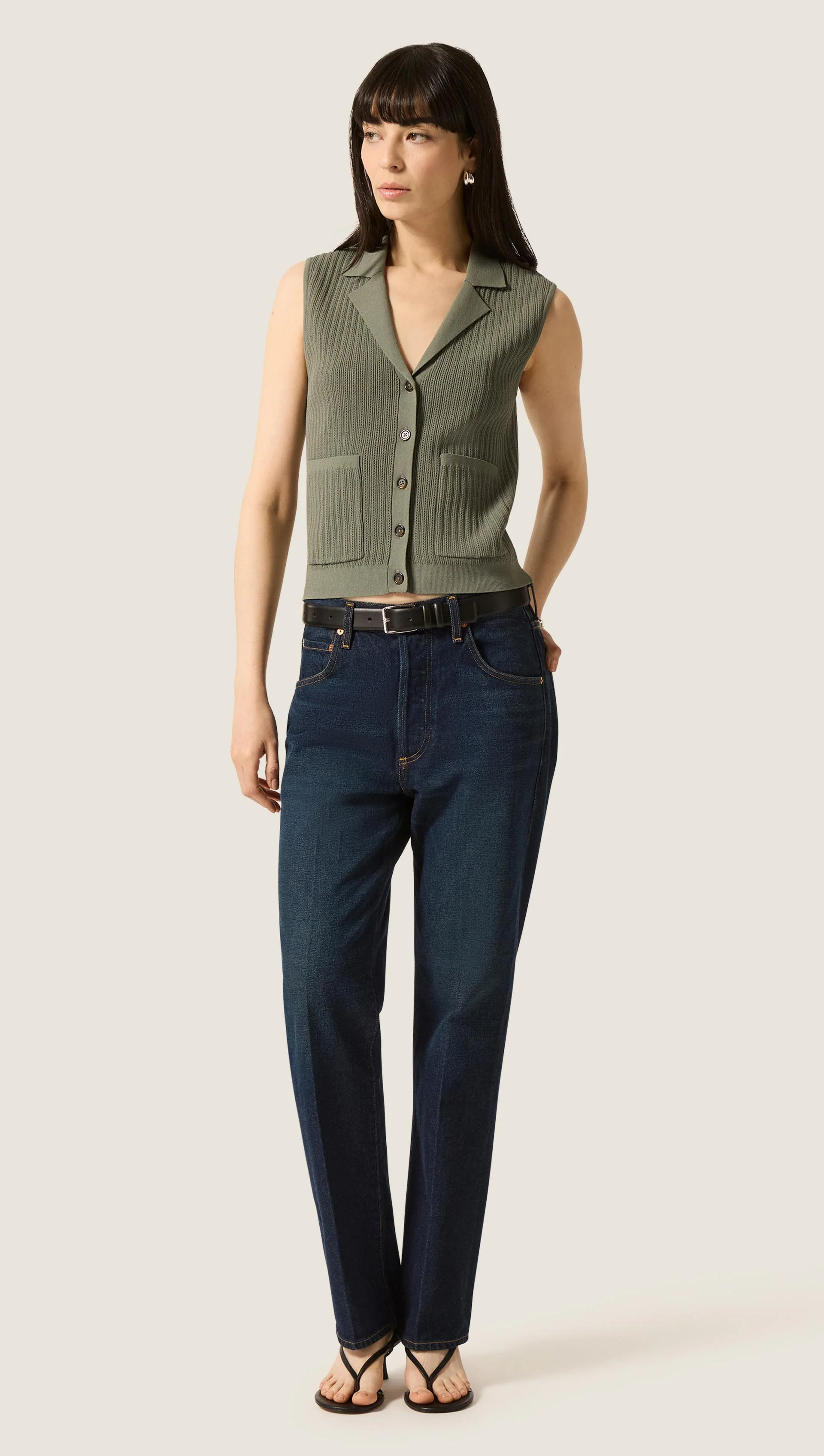 Sleeveless Collared Knit in Viscose | Sage - Image 3