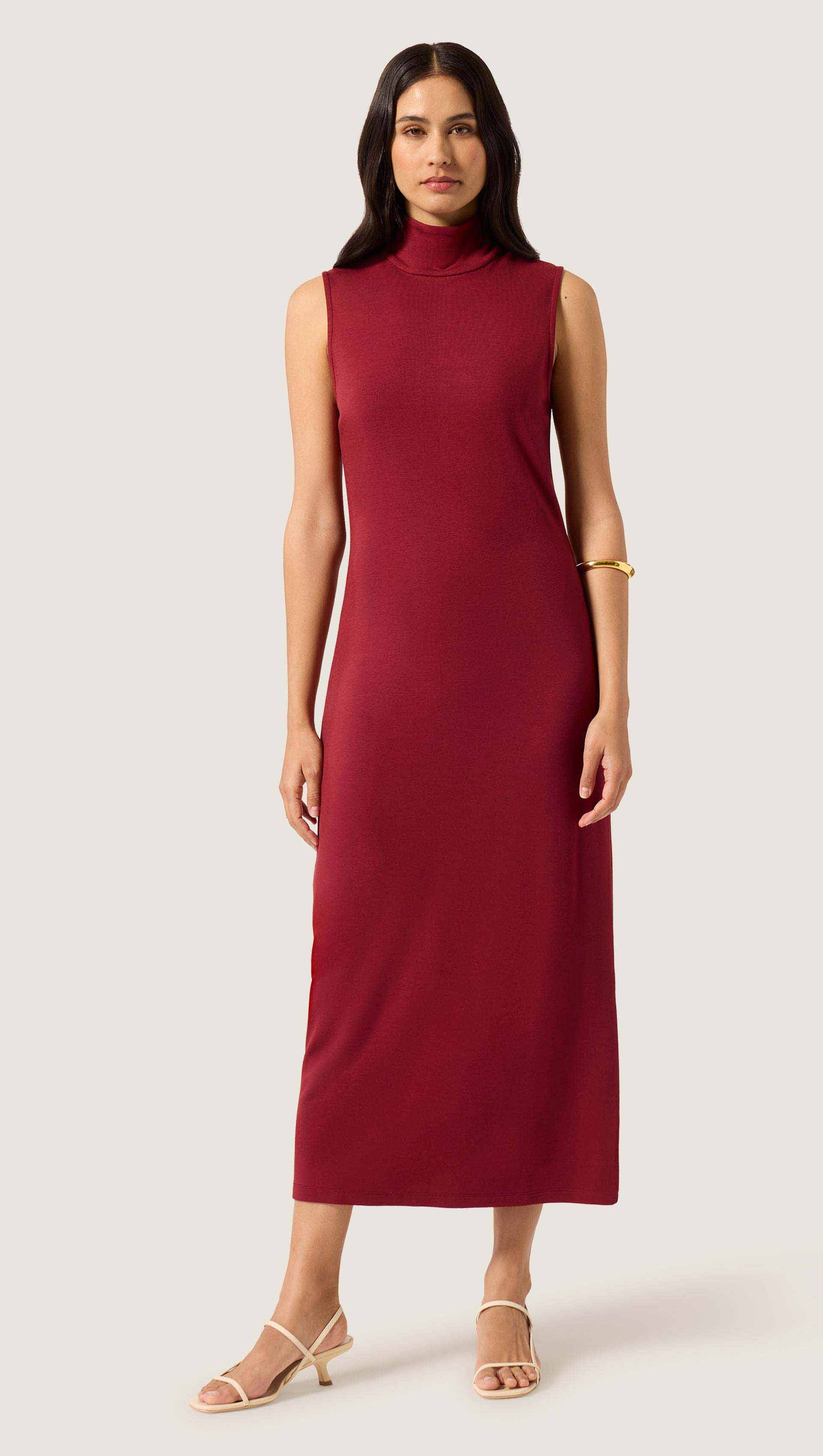 Sleeveless Mock Neck Dress in Wool Jersey | Maroon