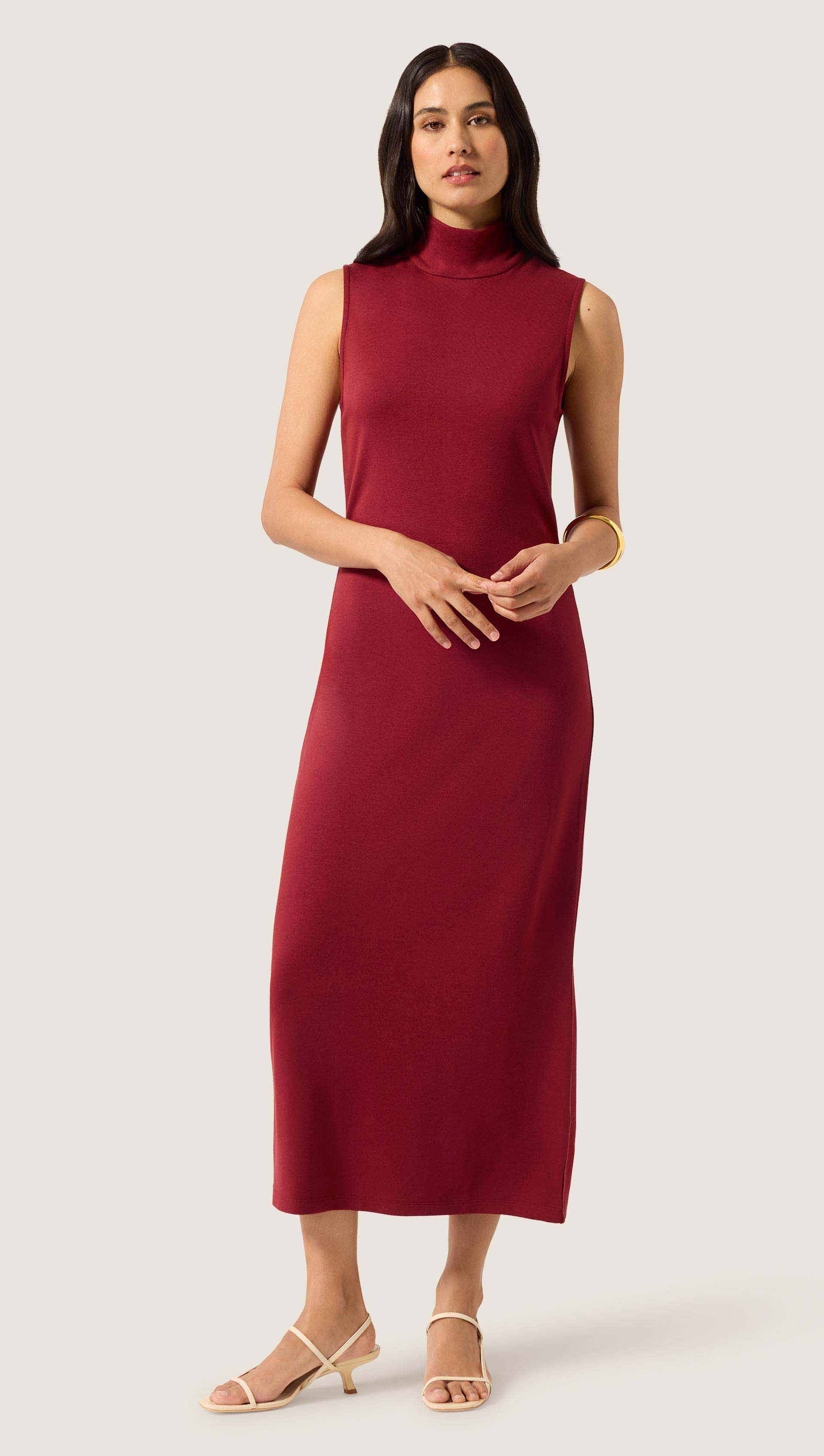 Sleeveless Mock Neck Dress in Wool Jersey | Maroon - Image 2