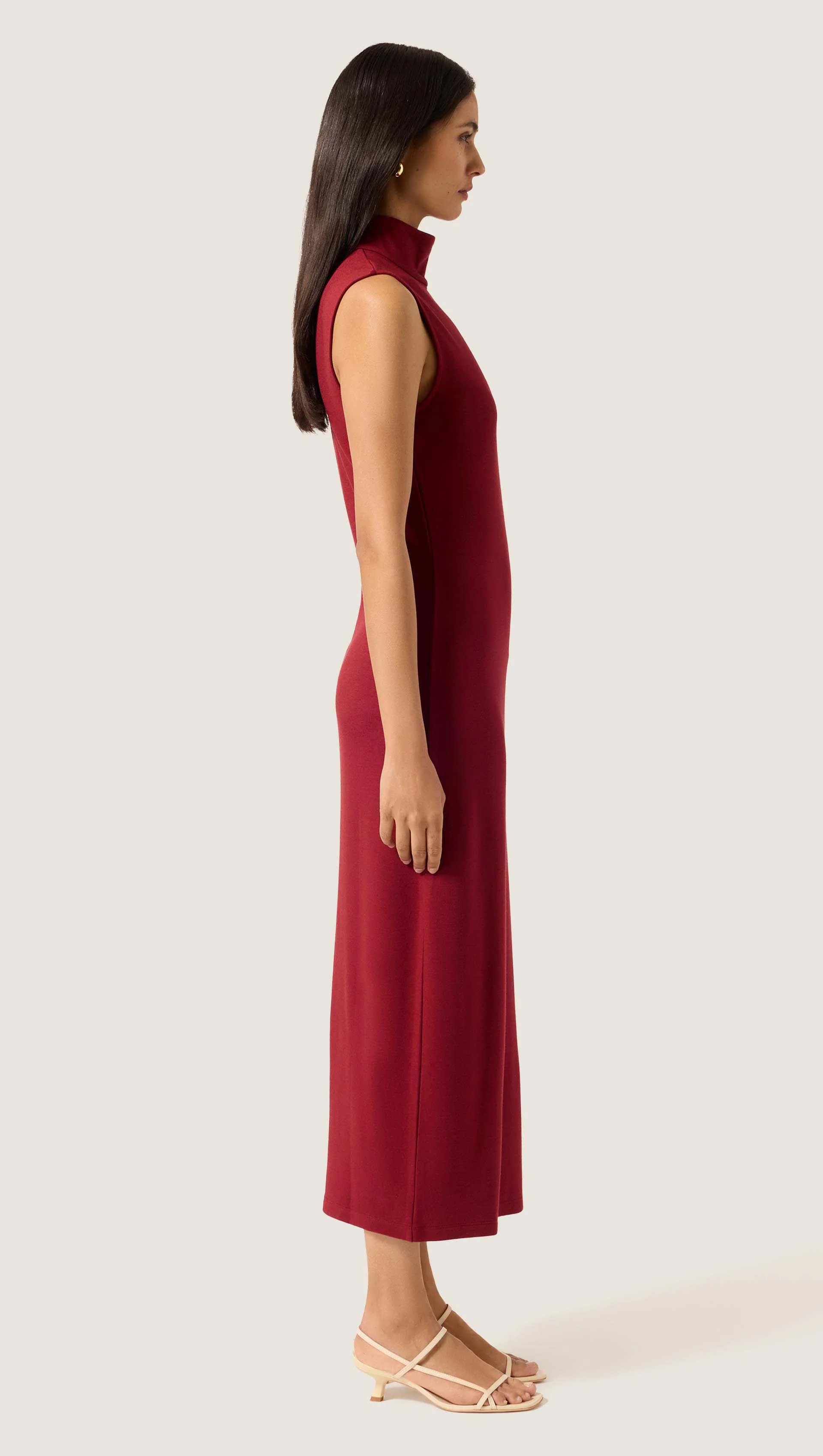 Sleeveless Mock Neck Dress in Wool Jersey | Maroon - Image 3