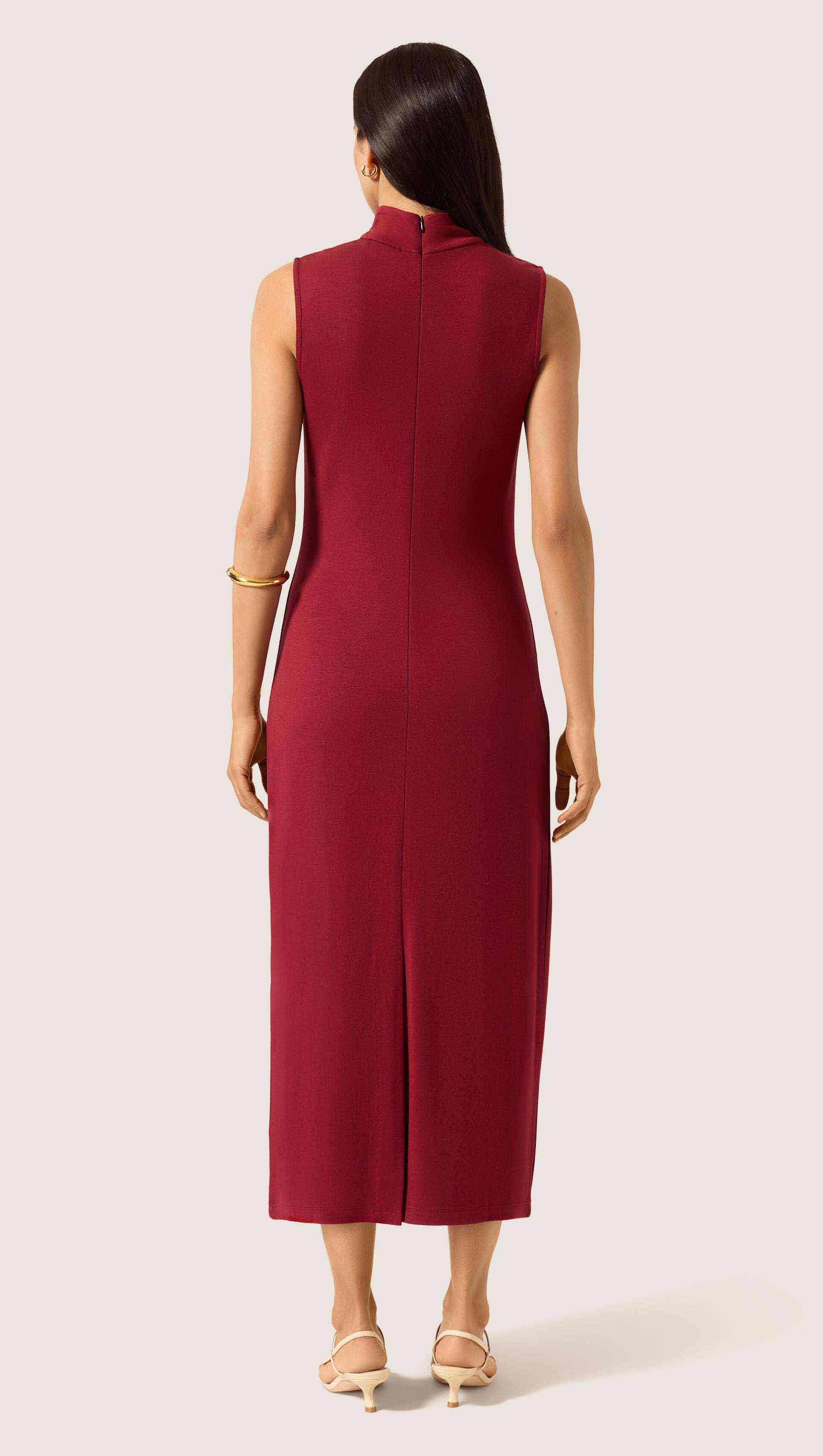 Sleeveless Mock Neck Dress in Wool Jersey | Maroon - Image 4