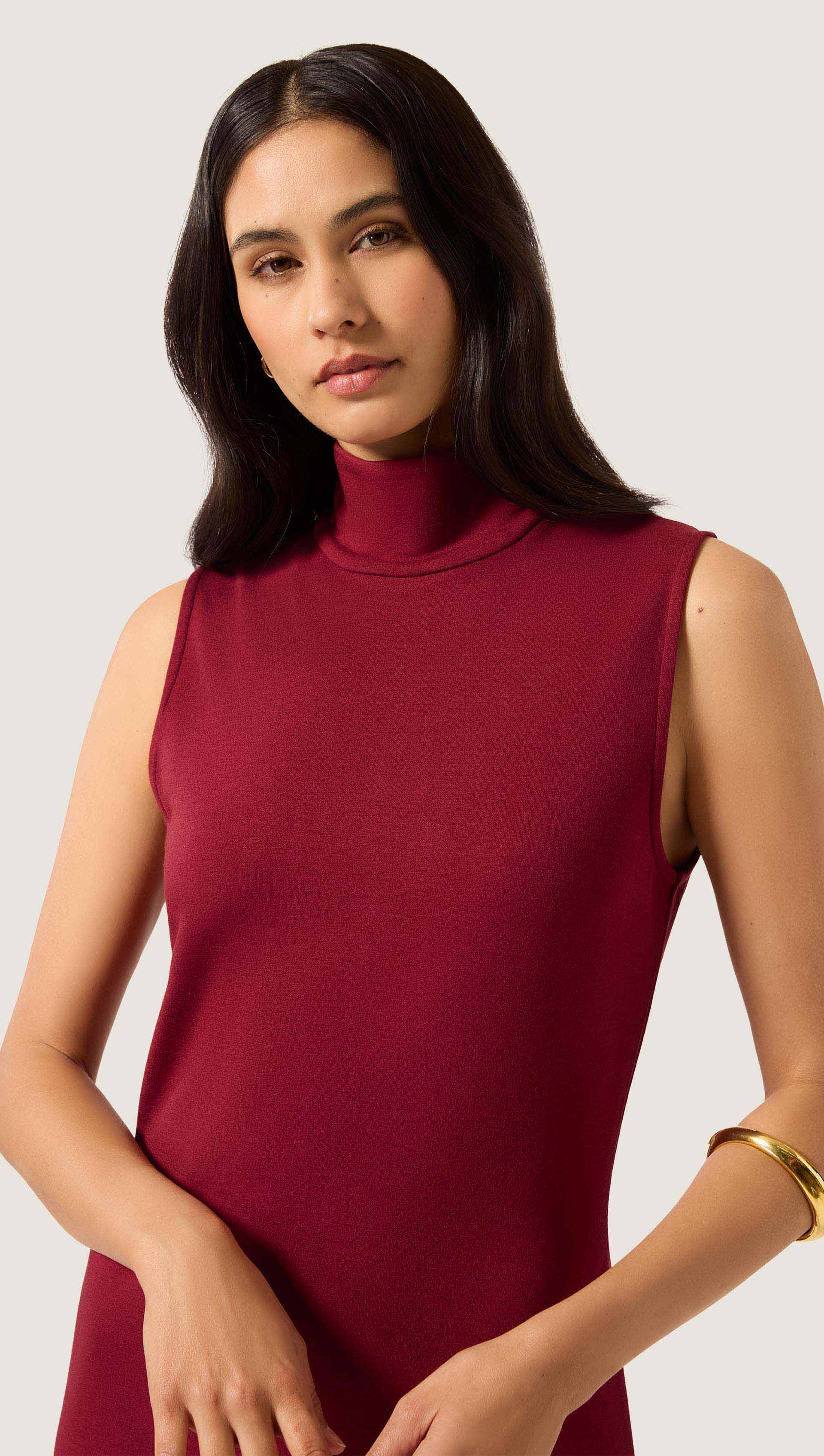 Sleeveless Mock Neck Dress in Wool Jersey | Maroon - Image 5