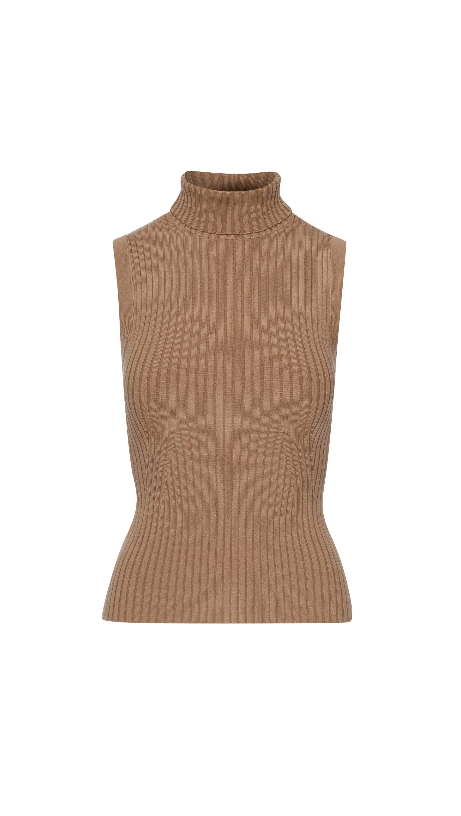 Sleeveless Turtleneck in Stretch Wool | Camel - Image 6