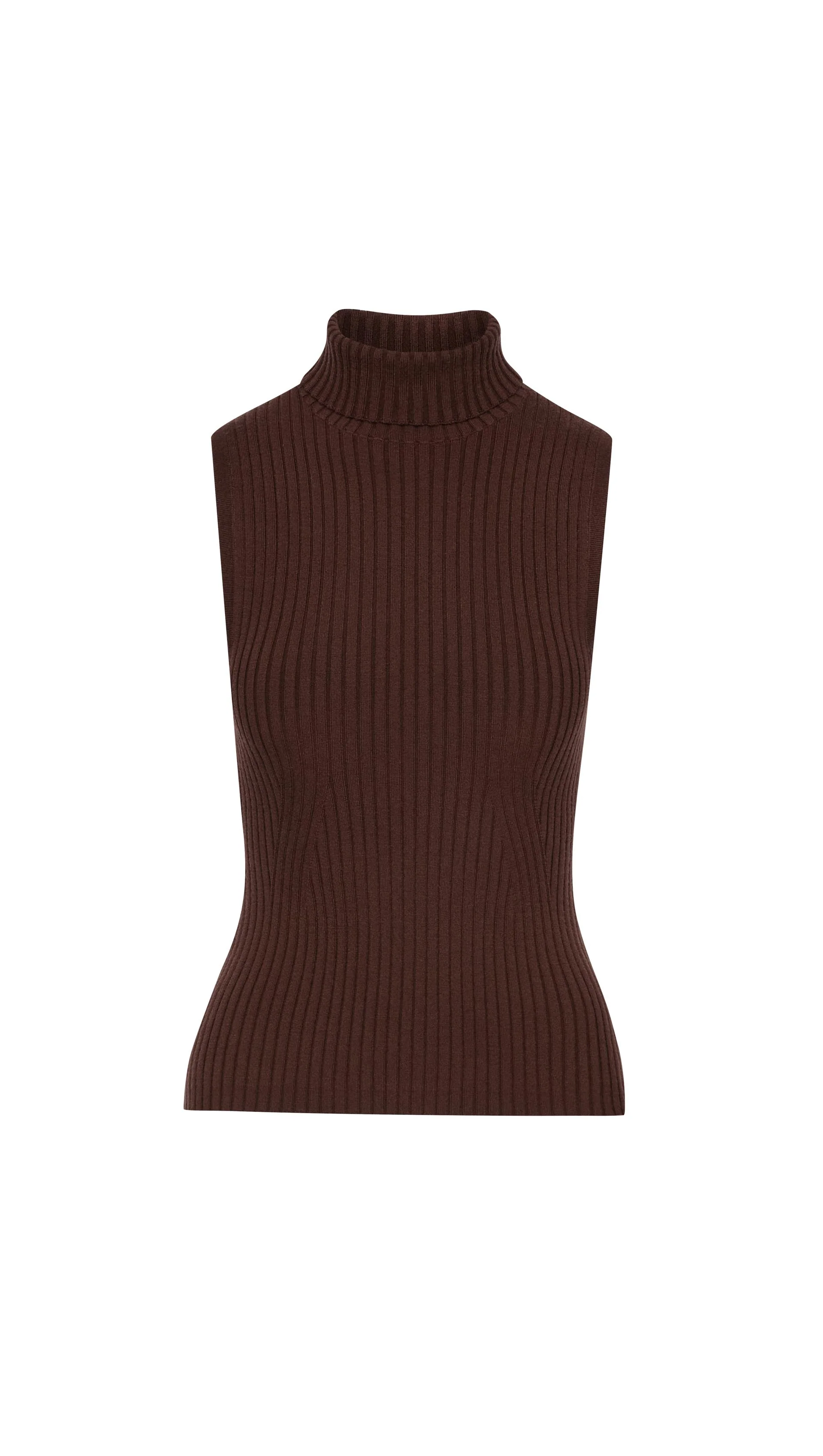 Sleeveless Turtleneck in Stretch Wool | Chocolate - Image 7